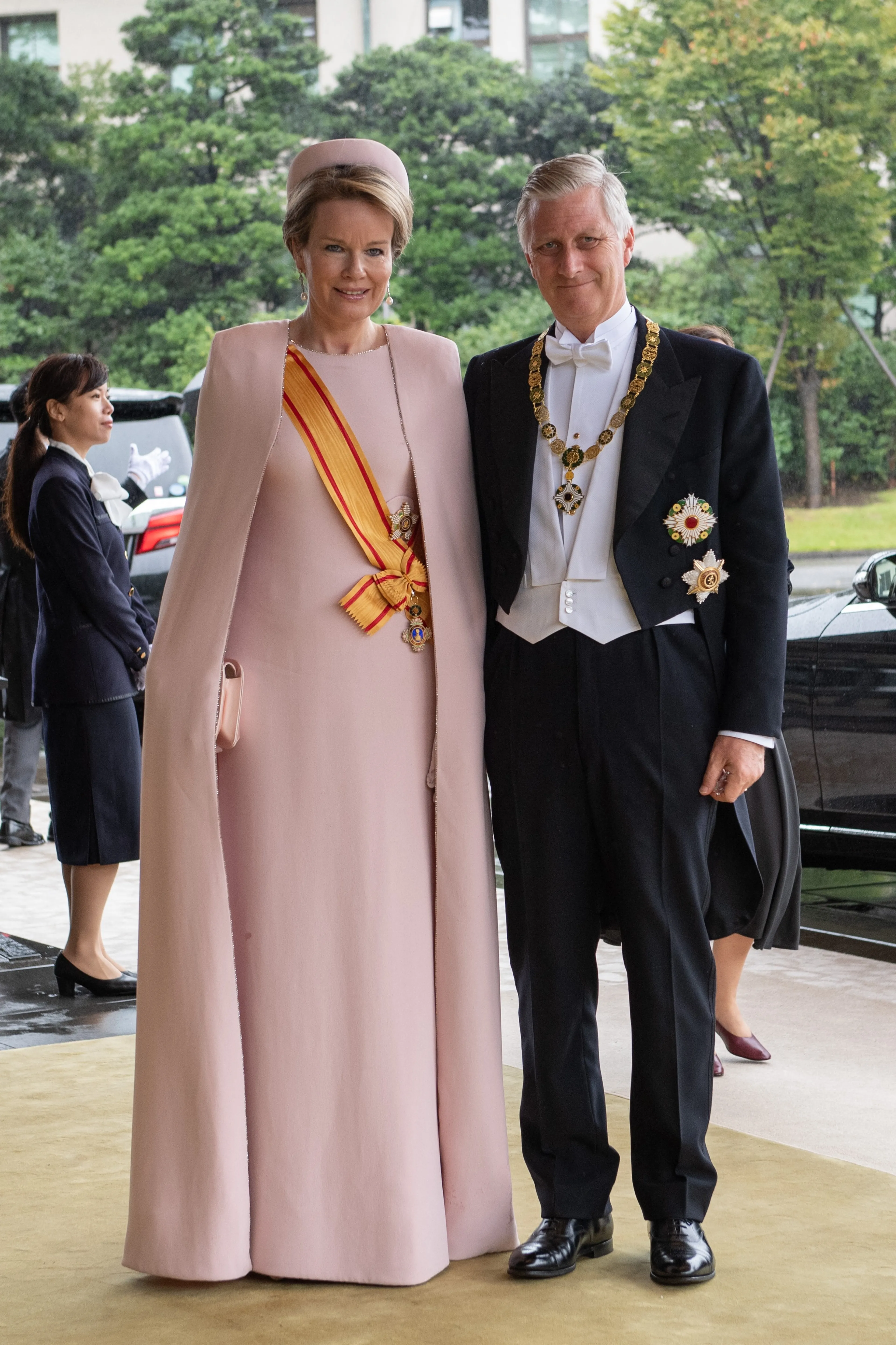 Koning Filip en koningin Mathilde bij de troonswisseling in Japan (2019).