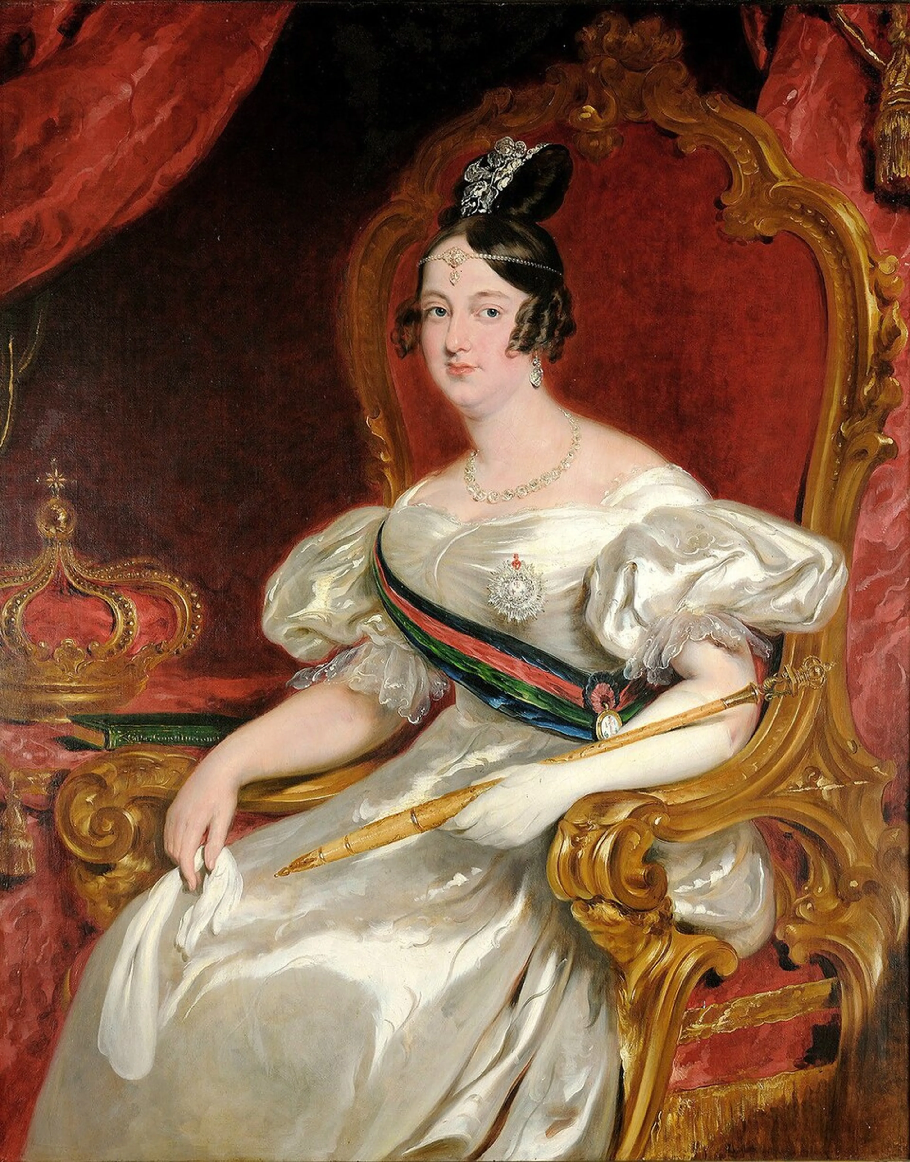 Een portret van koningin Maria II van Portugal.