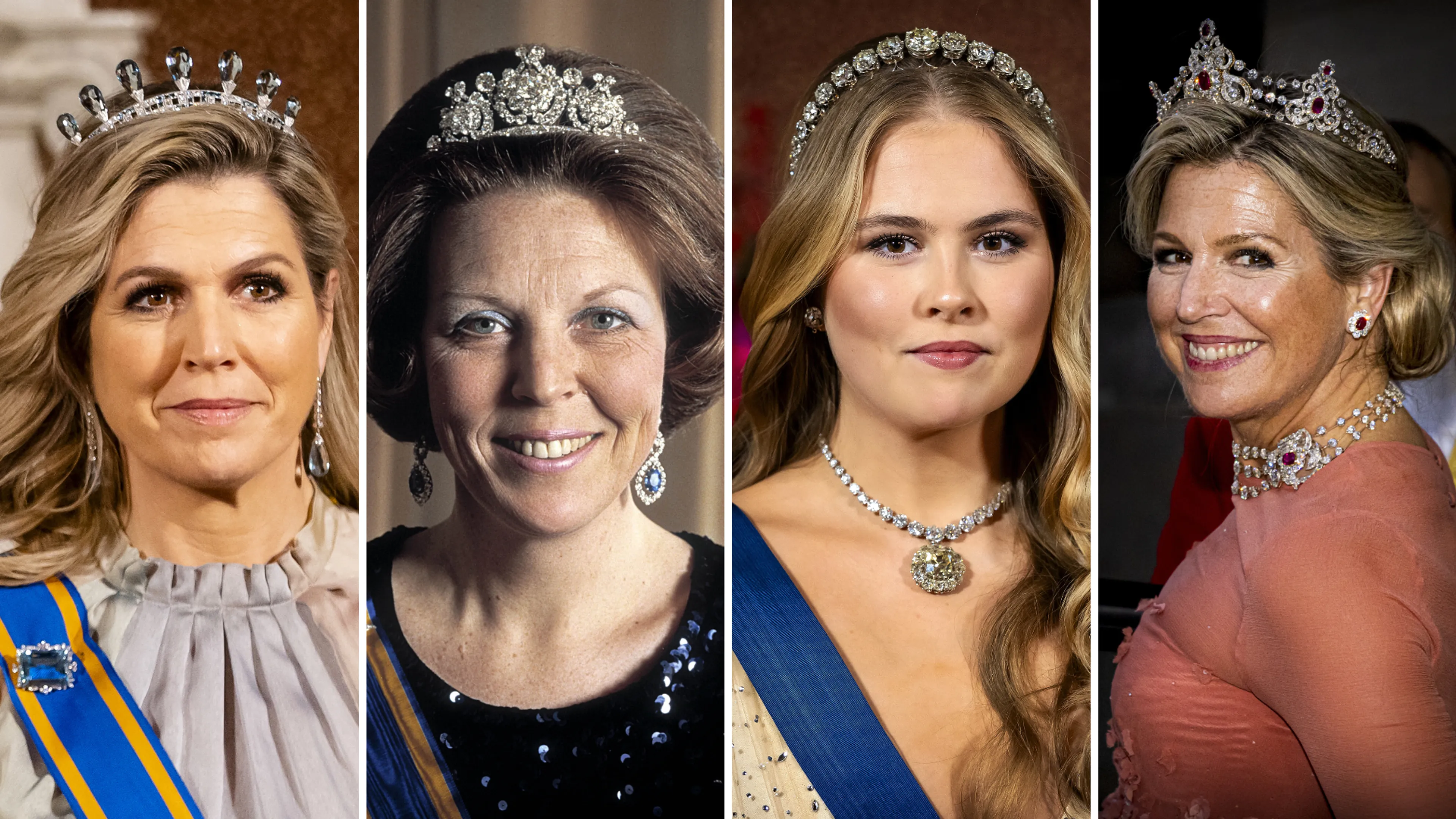 Vier portretten van vrouwelijke figuren in formele avondkleding met diademen en juwelen, naast elkaar geplaatst in een brede collage. Elk portret toont een middelbare tot jonge volwassen vrouw met tiara of diadeem, sieraden en een blauwe sjerp, tegen een donkere achtergrond die doet denken aan een formeel indoor evenement.