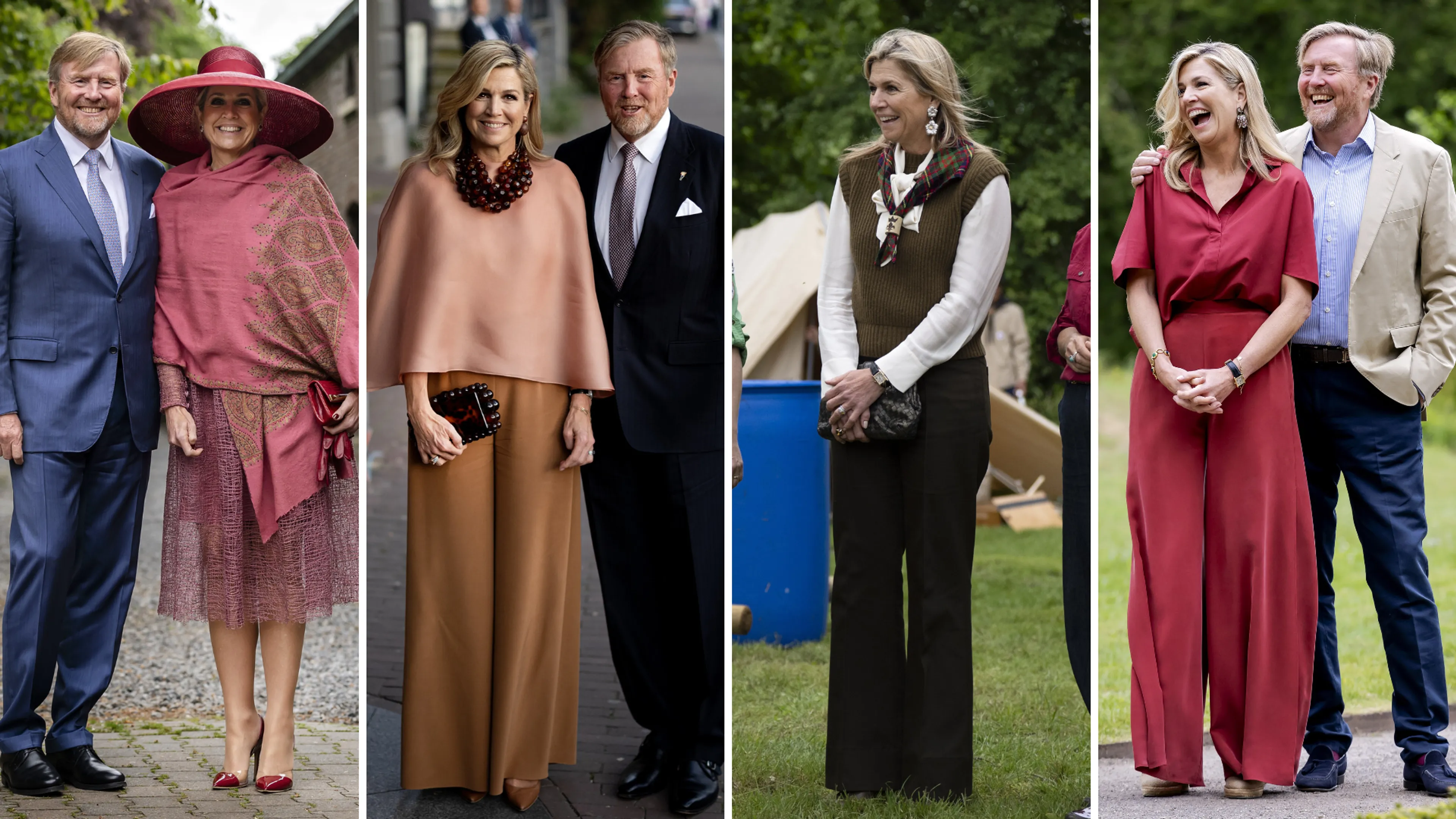 Koning Willem-Alexander en koningin Máxima: vier panelen tonen hen in verschillende outfits en settings. De afbeeldingen kenmerken momenten van samen optrekken en ontspannen poseur in uiteenlopende omgevingen, variërend van een buitenpad met groen en een stedelijke straat tot een grasveld bij tentdoek en een parkachtige omgeving, met diverse kleuren en stijlen in hun kleding.