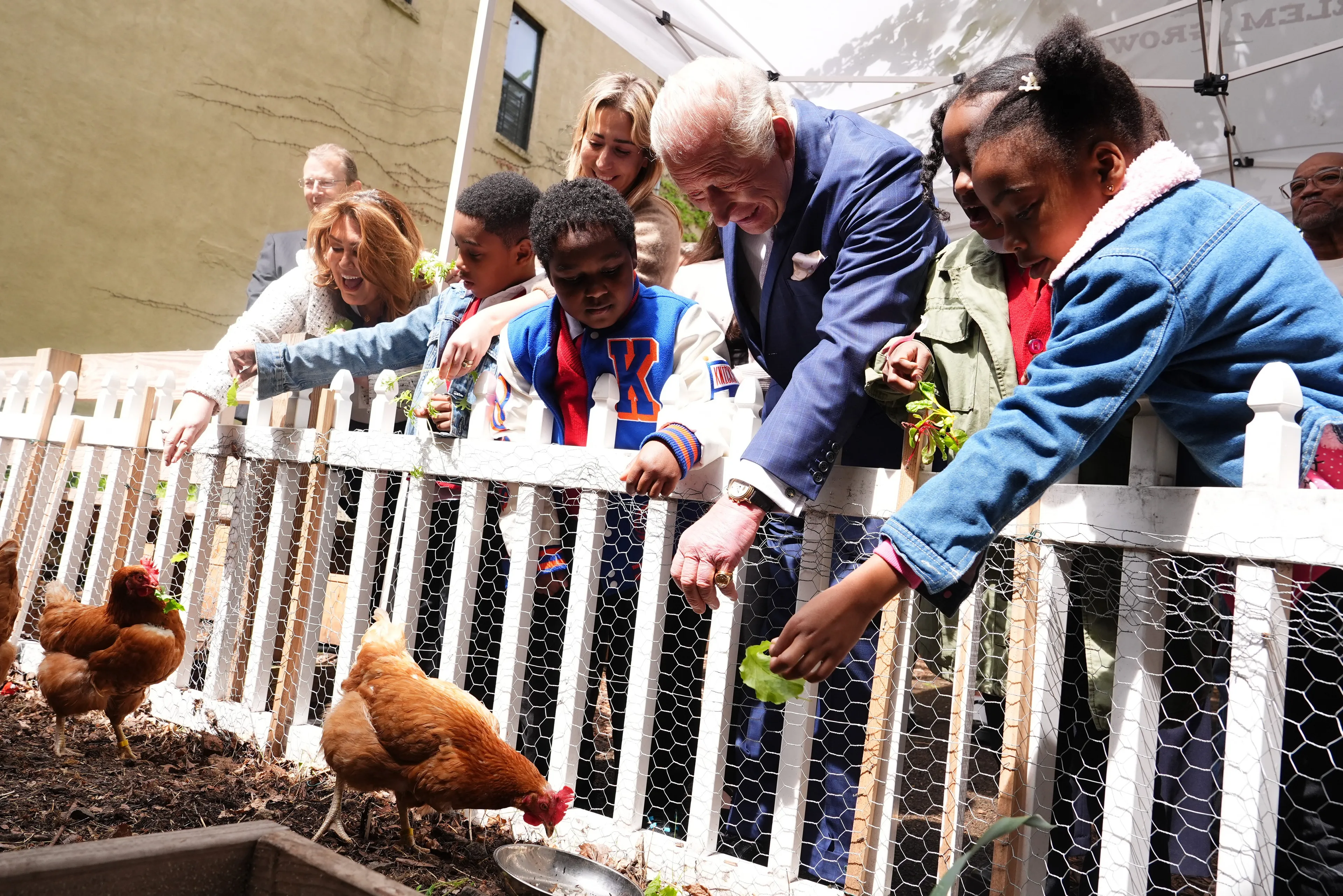 Koning Charles geeft samen met buurtkinderen de kippen te eten.