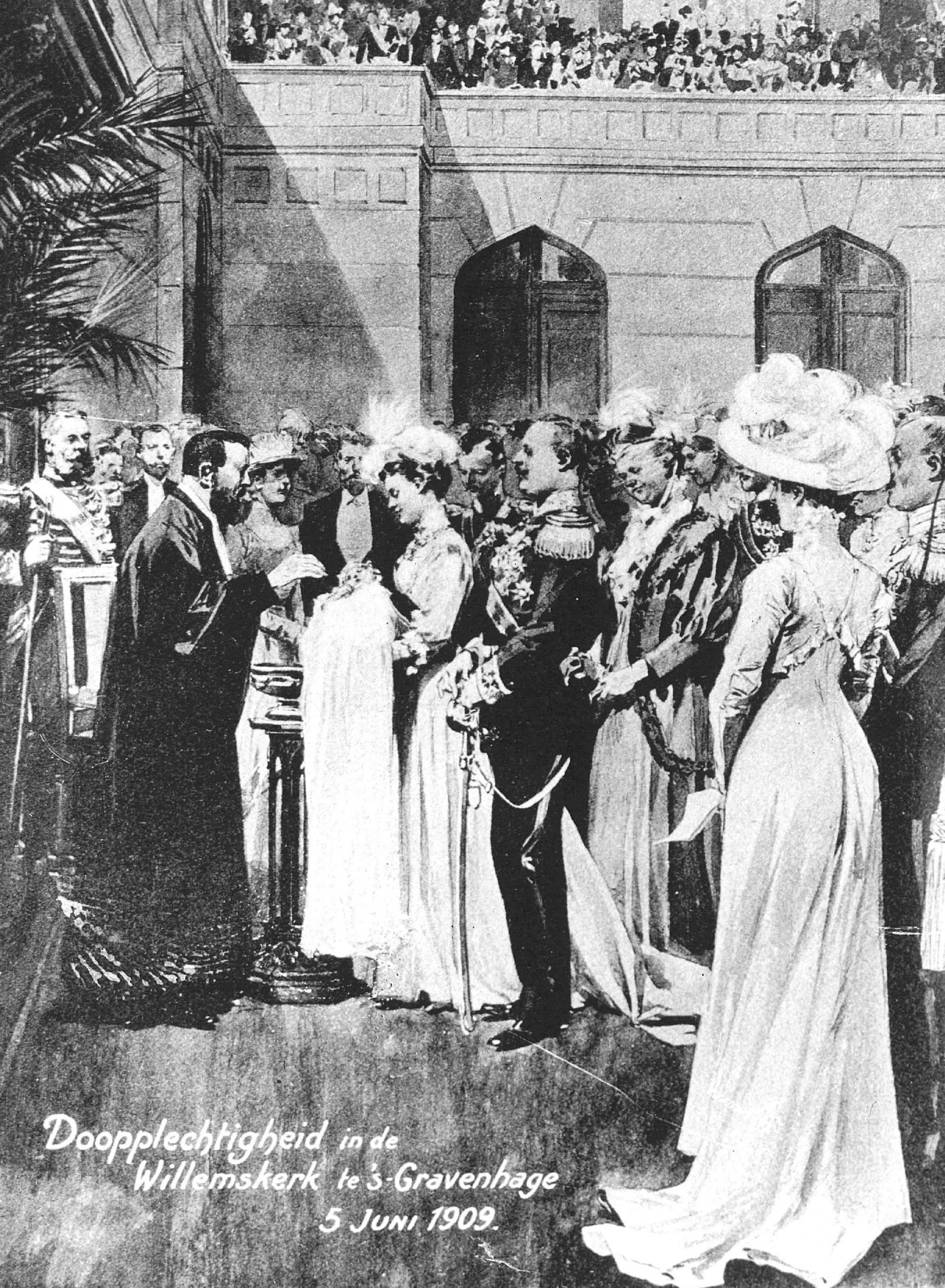 Een afbeelding van de doop van prinses Juliana (1909).