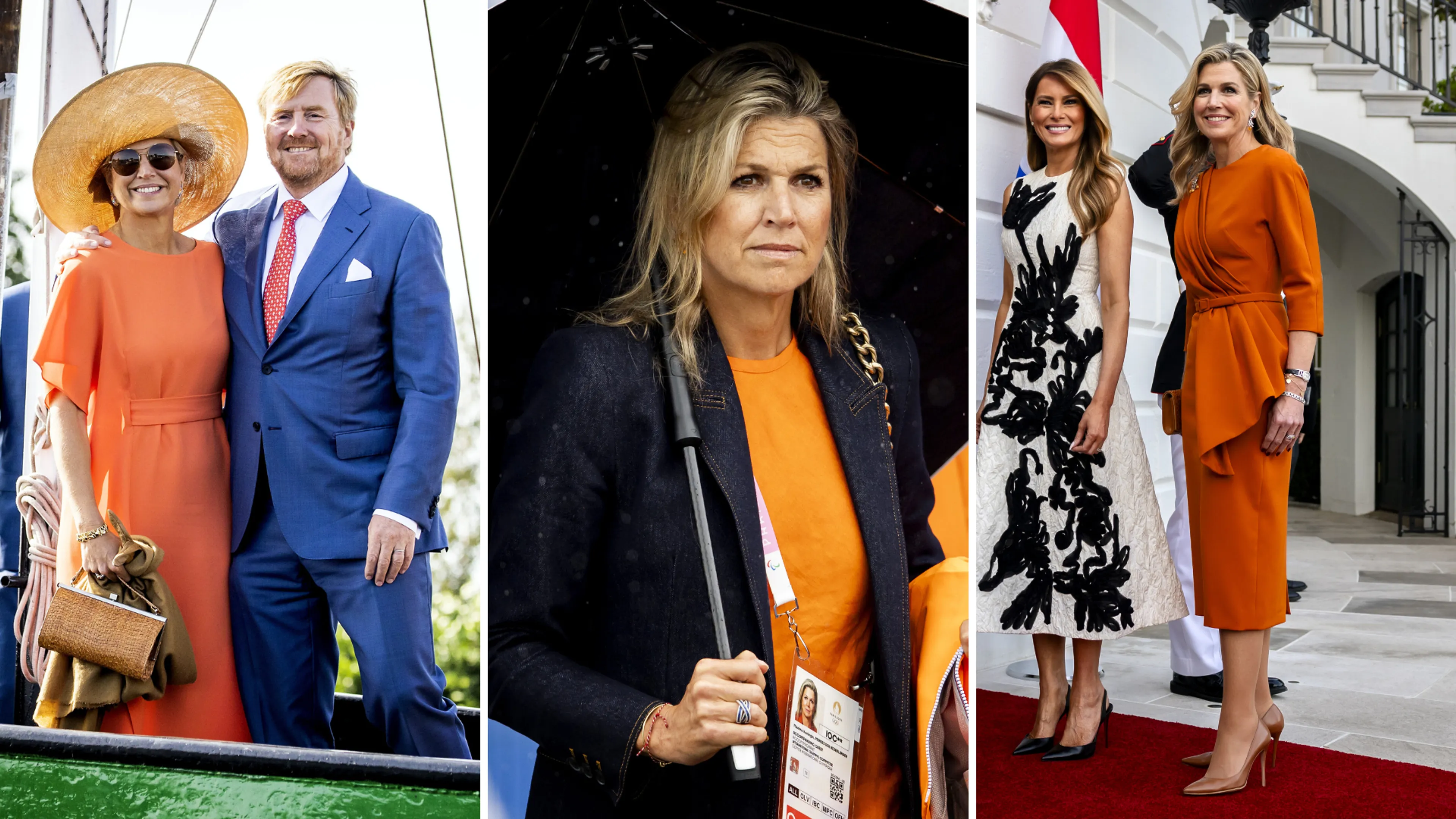 Glimlachend stel buiten, met de vrouw in een feloranje jurk en strohoed en de man in een helderblauw pak; dit vormt de eerste sectie van de collage met een formele, ceremoniële sfeer. In het midden bevindt zich een close-up van een blonde vrouw met serieuze uitdrukking, gekleed in oranje top en donker jasje, met accessoire en regendruppels op de achtergrond; rechts poseren twee vrouwen op een rode loper voor een wit gebouw, met een vlag en officiële uitstraling op de achtergrond.
