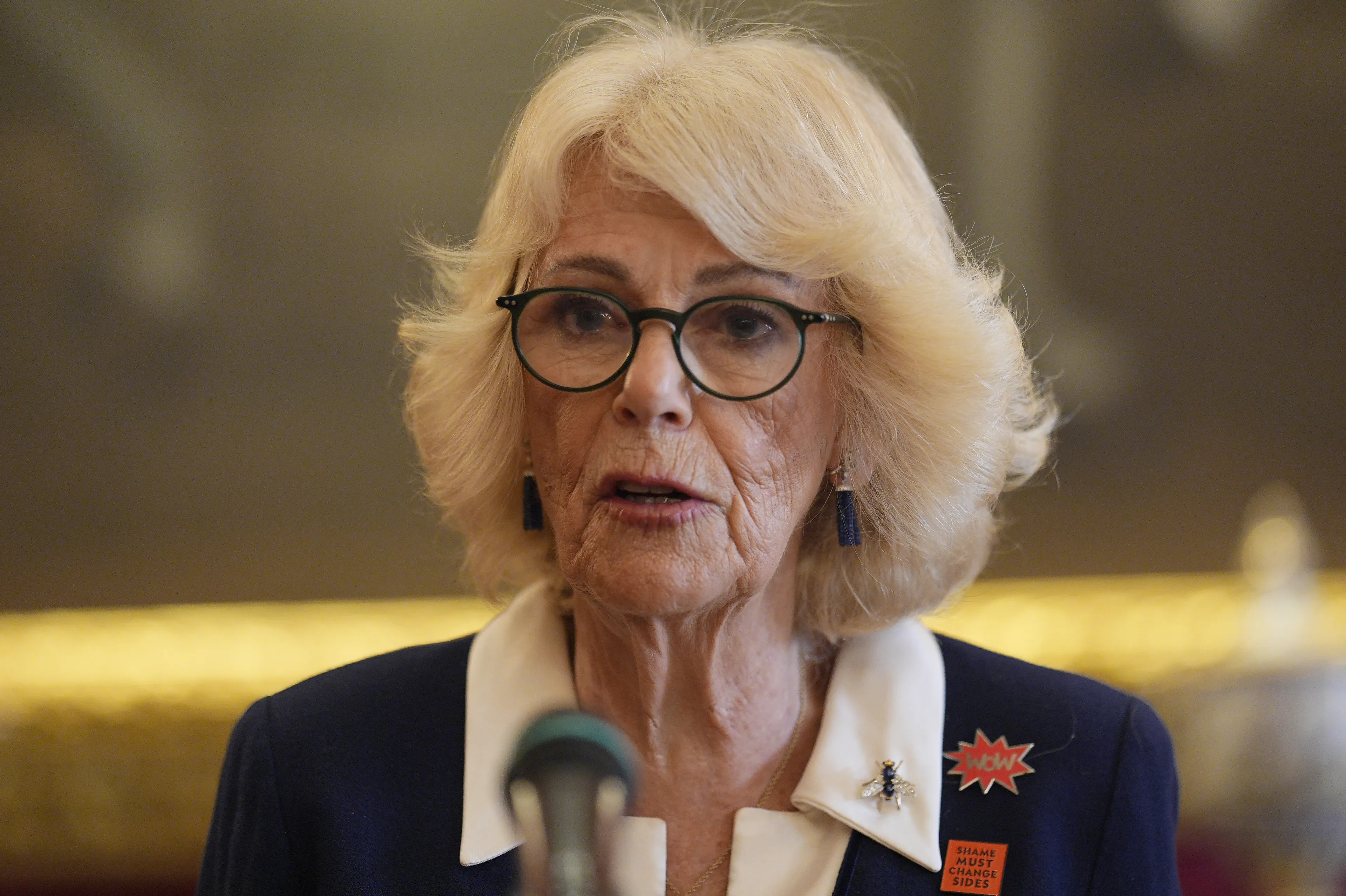 Koningin Camilla houdt een toespraak op de WOW-receptie.