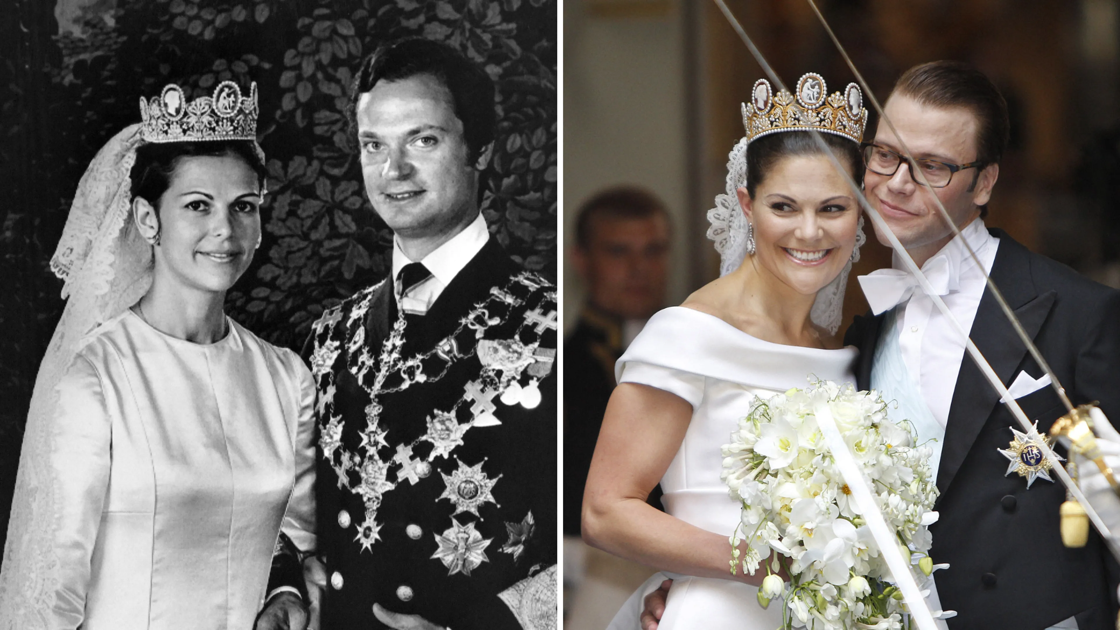Het huwelijksdiadeem van koningin Silvia en prinses Victoria (1976 en 2010).