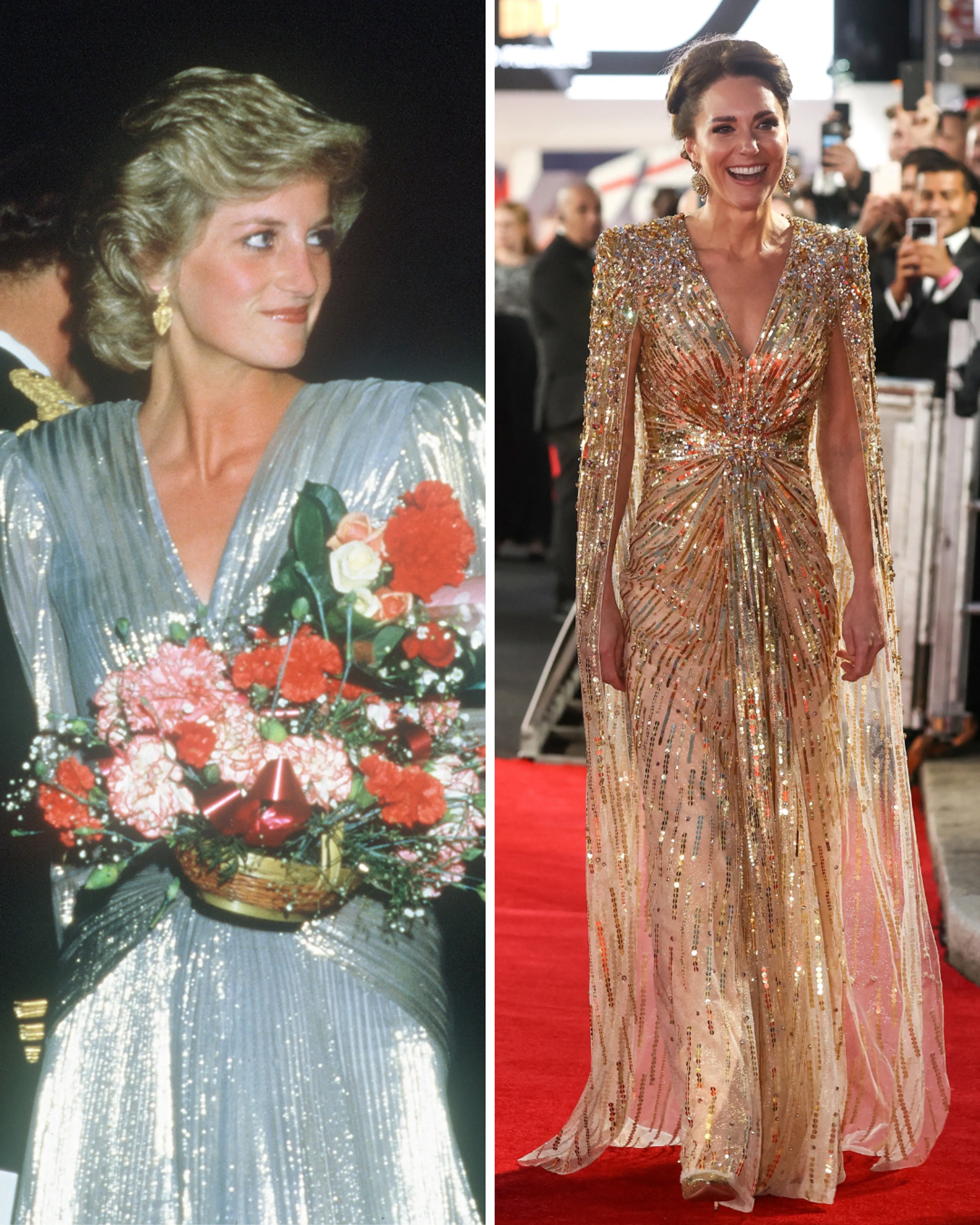 Beide prinsessen kozen voor een glanzende galajurk voor de première van James Bond (1985, 2021).
