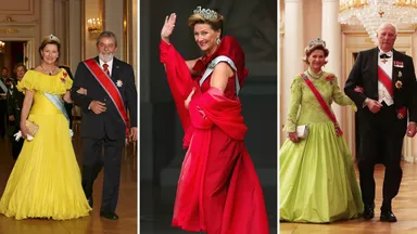 Kleurrijke glamour uit Noorwegen: de mooiste galajurken van koningin Sonja
