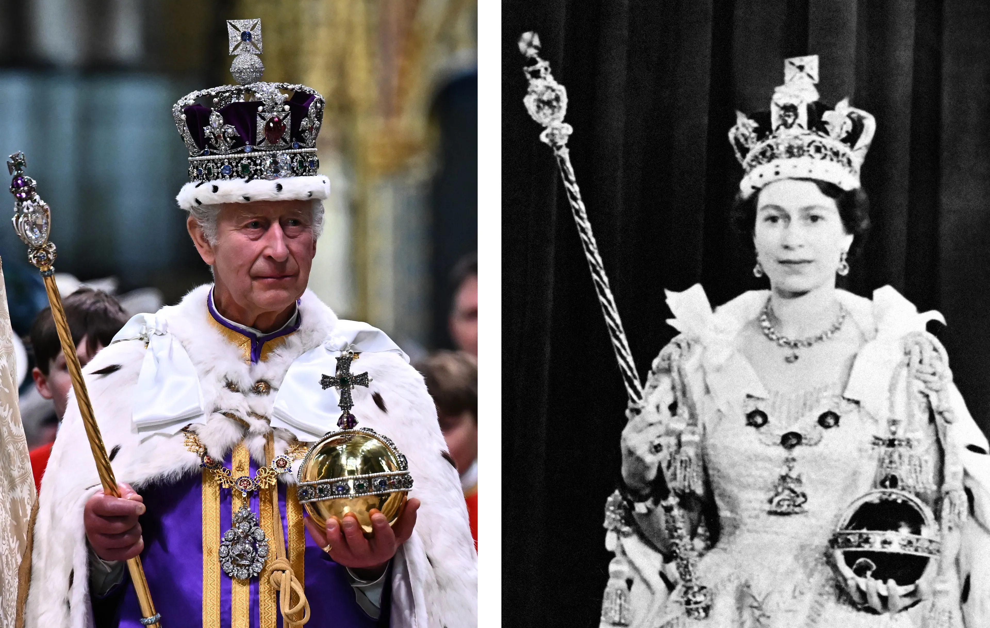 Koning Charles en koningin Elizabeth bij hun kroningen (2023, 1959).
