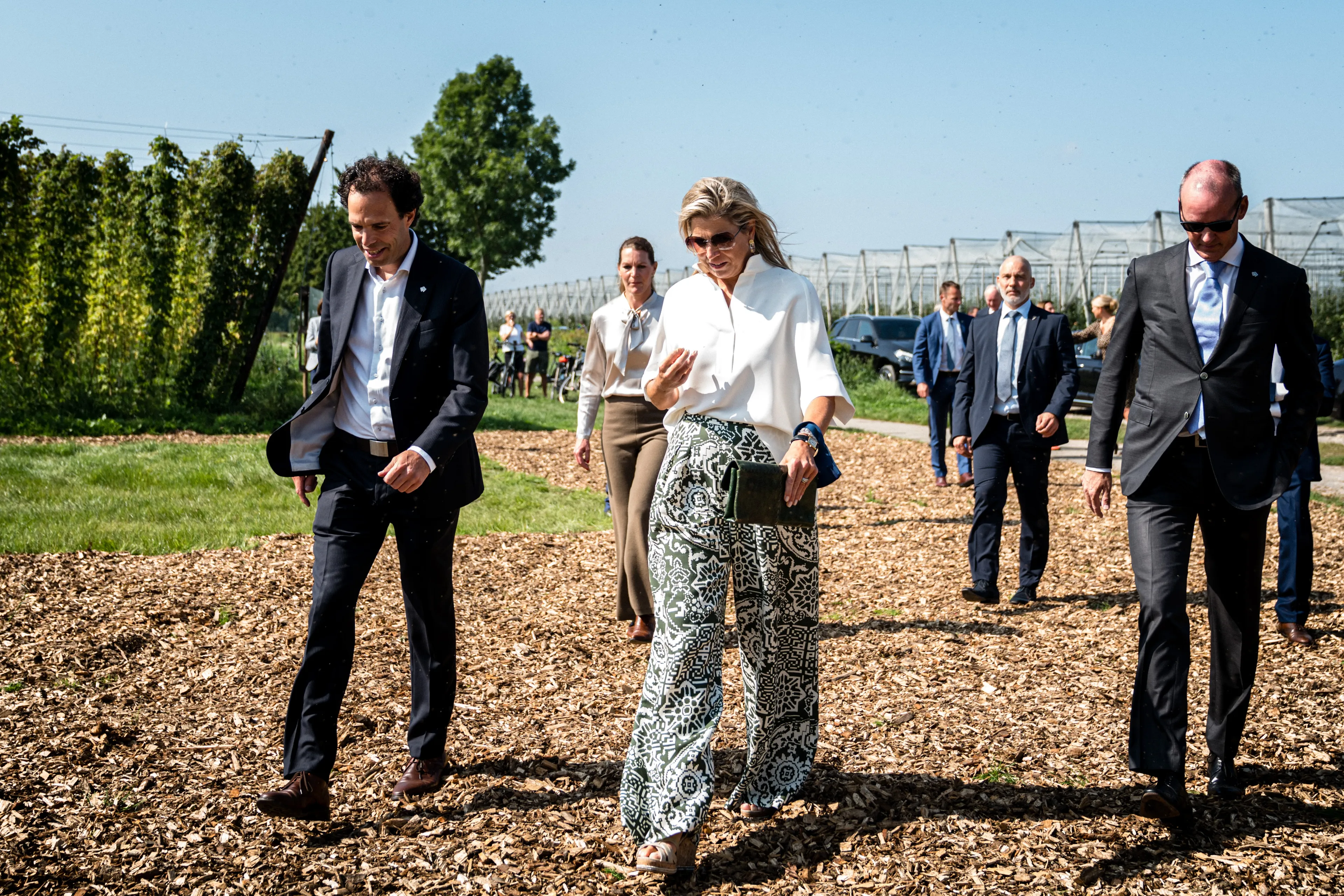 Koningin Máxima draagt de broek hier met een witte blouse.