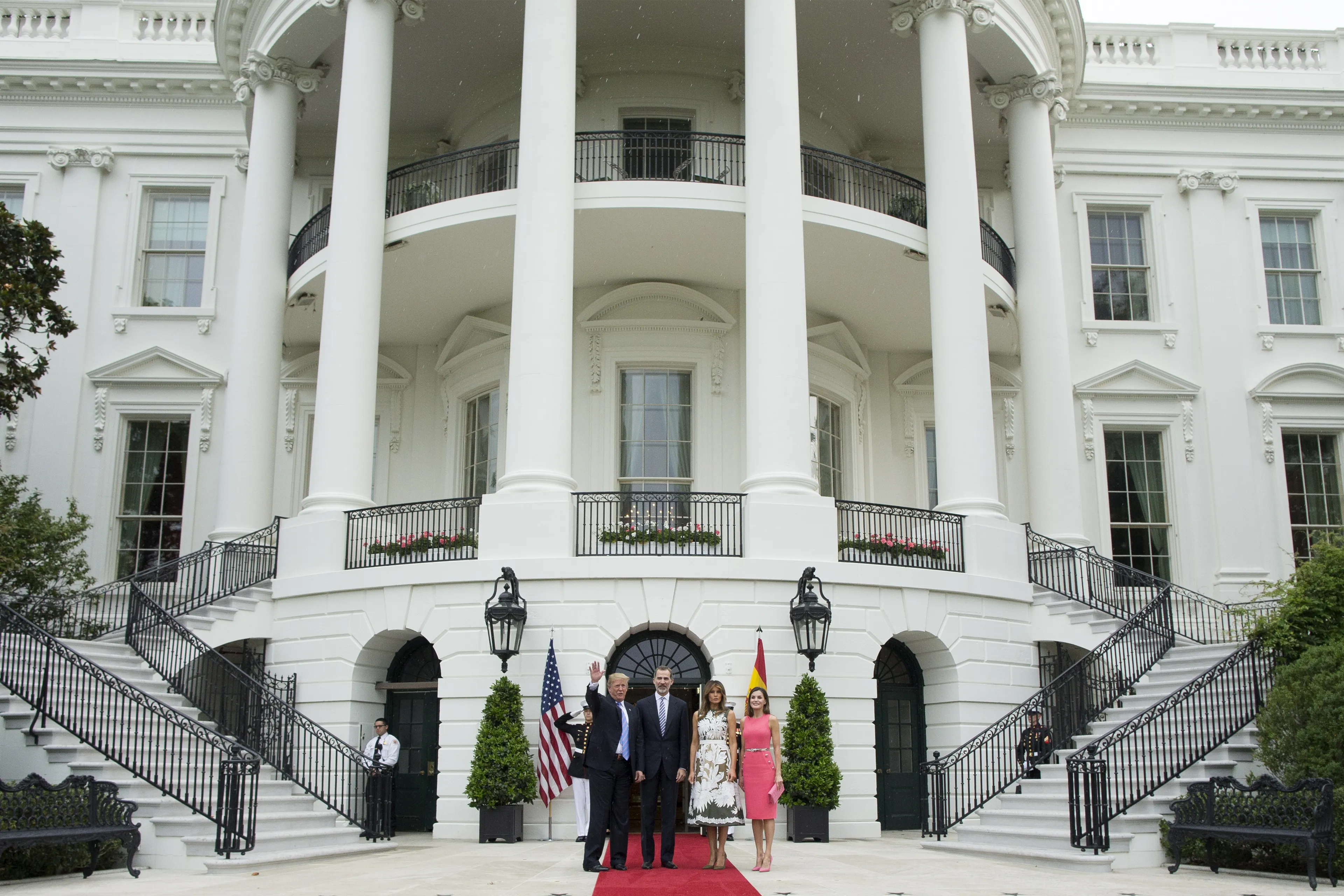 Koning Felipe en koningin Letizia bij president Donald Trump en First Lady Melania Trump in het Witte Huis (2018).