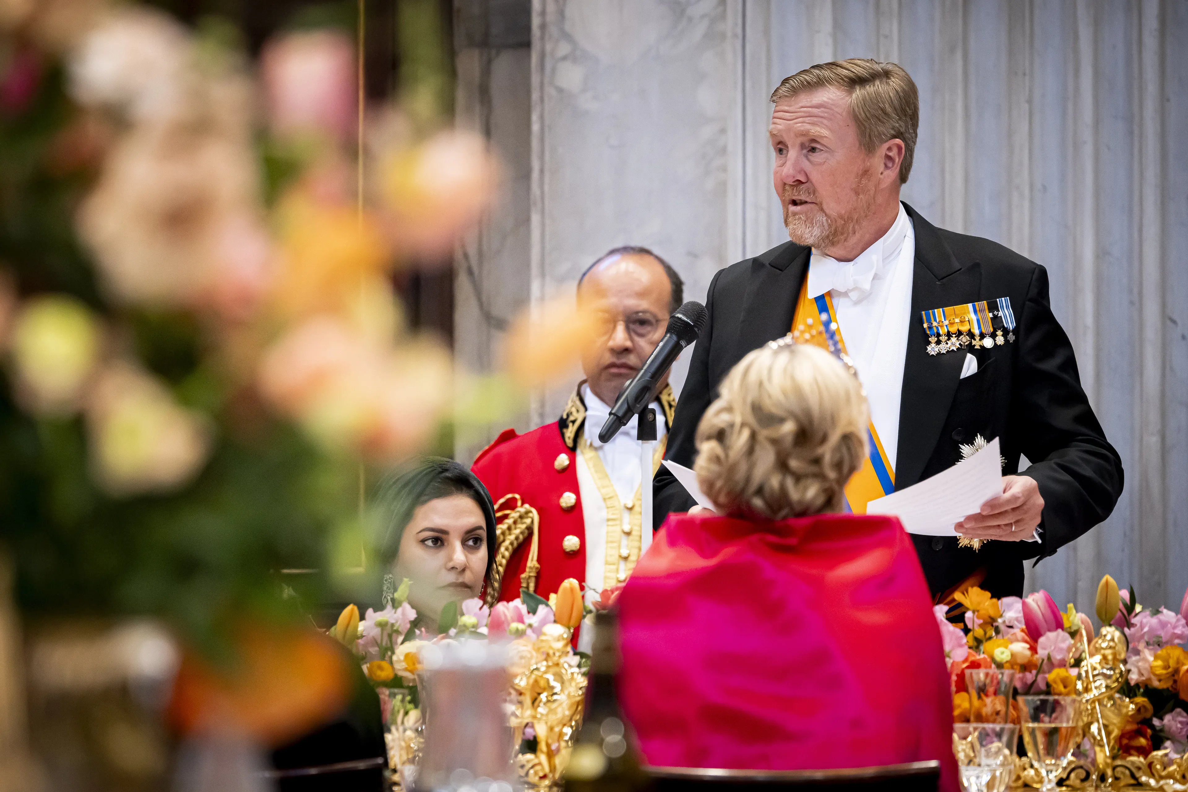 Koning Willem-Alexander spreekt de genodigden toe.