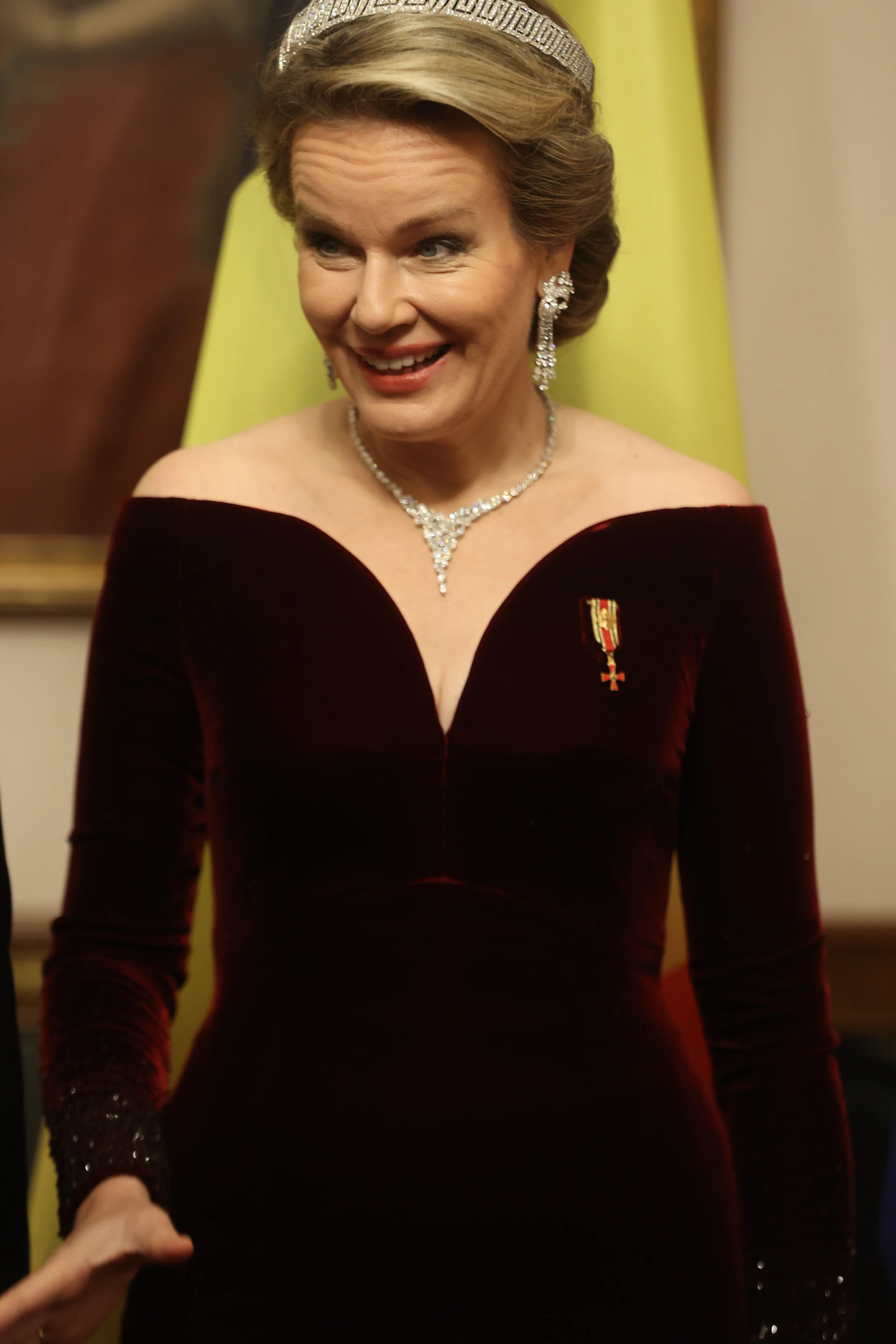 Een close-up van koningin Mathilde (2023).