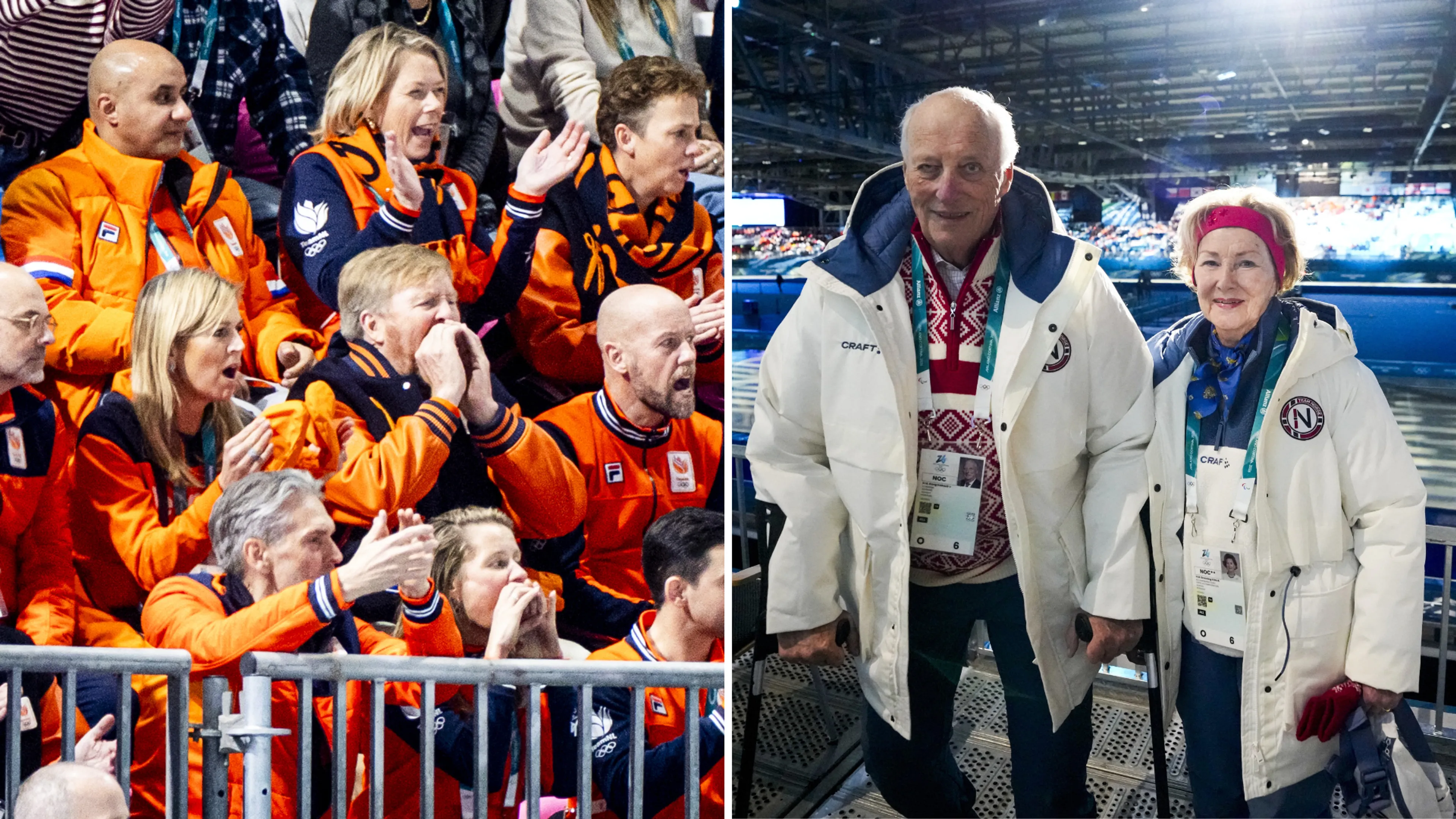 Nederlands en Noors koningspaar moedigen schaatsers aan op de 3 kilometer