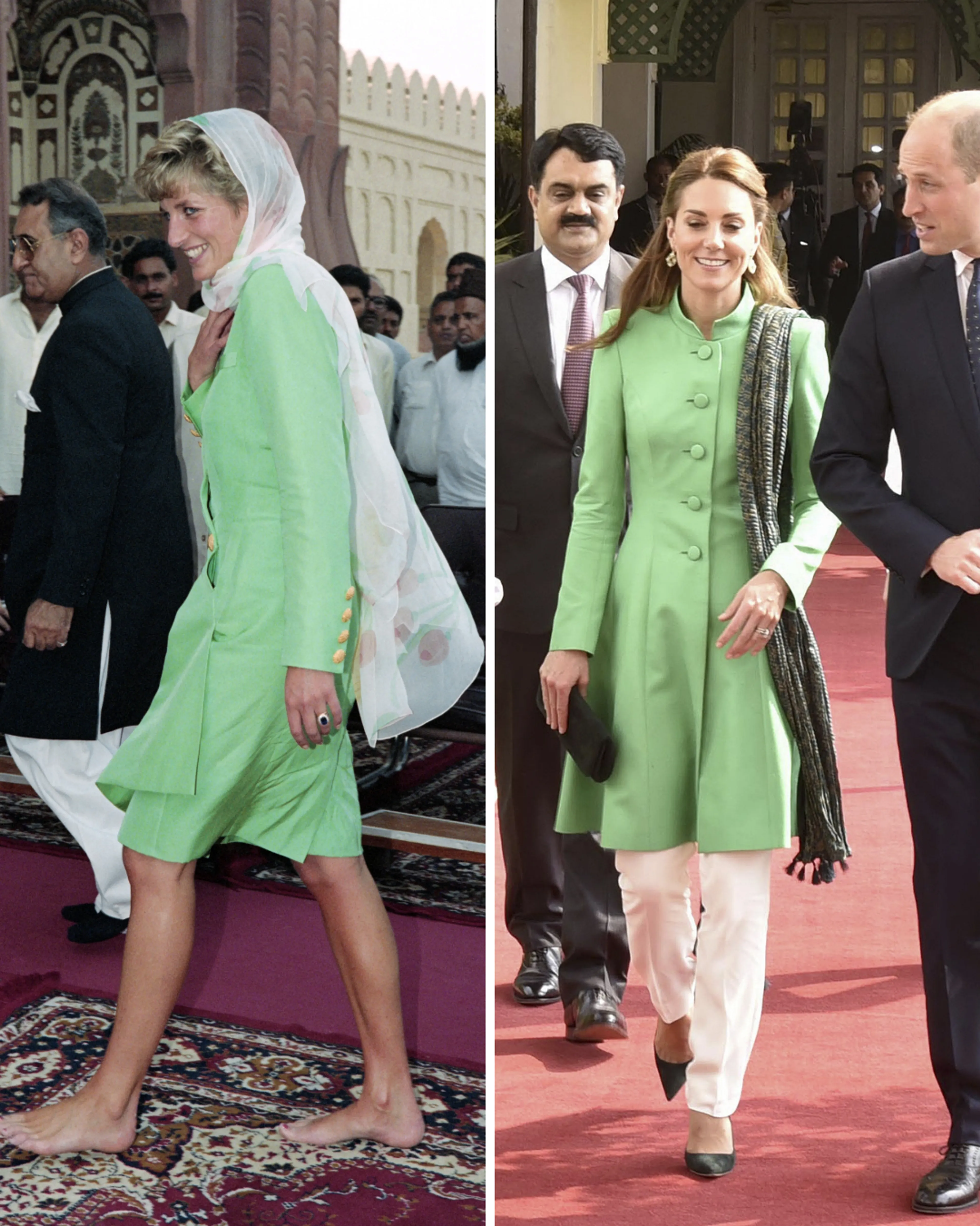 Het groene kledingstuk is bijna identiek (1991, 2019).