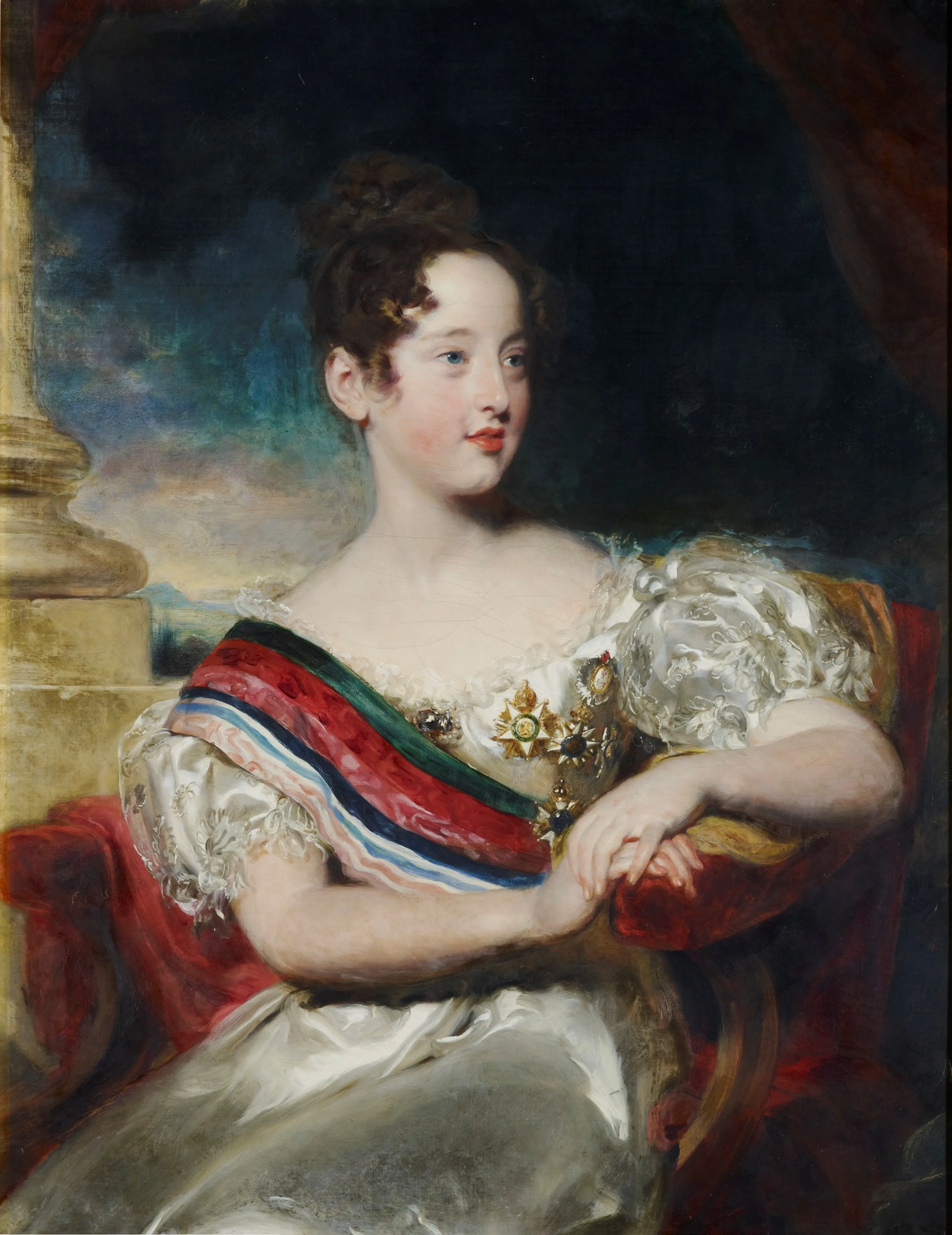 Een portret van koningin Maria II van Portugal.