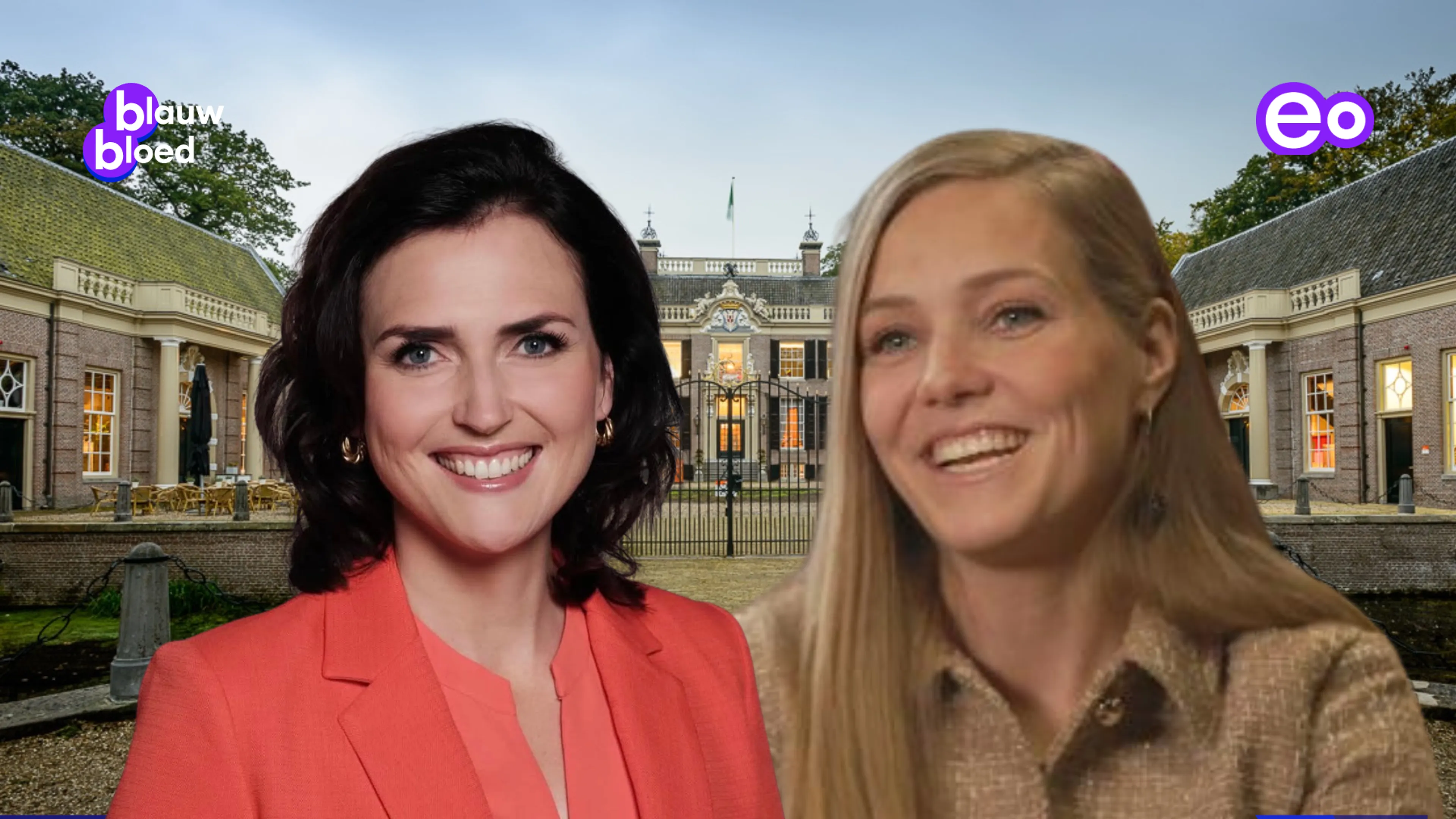 Blauw Bloed (uitgezonden promo): Een samengestelde tv-promotie toont twee grote portretten van vrouwen voor een paleisachtig complex met een smeedijzeren toegangshek; beide vrouwen glimlachen naar de camera, één met donker haar en koraalrode blazer, de andere met blond haar en beige jas, terwijl paarse logo’s in de hoeken zichtbaar zijn.
