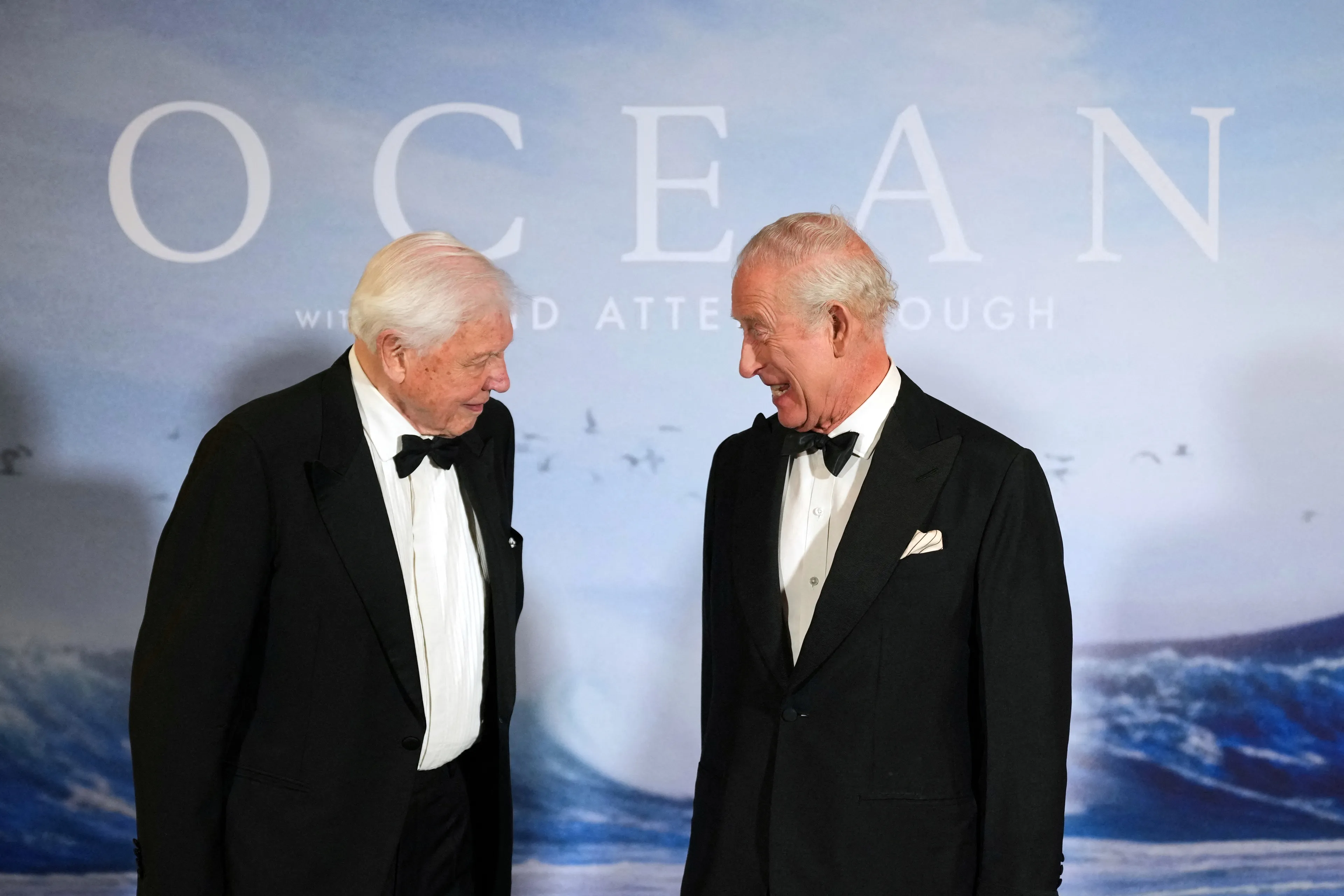 Koning Charles en de documentairemaker op de première van "Ocean with David Attenborough" in 2025.
