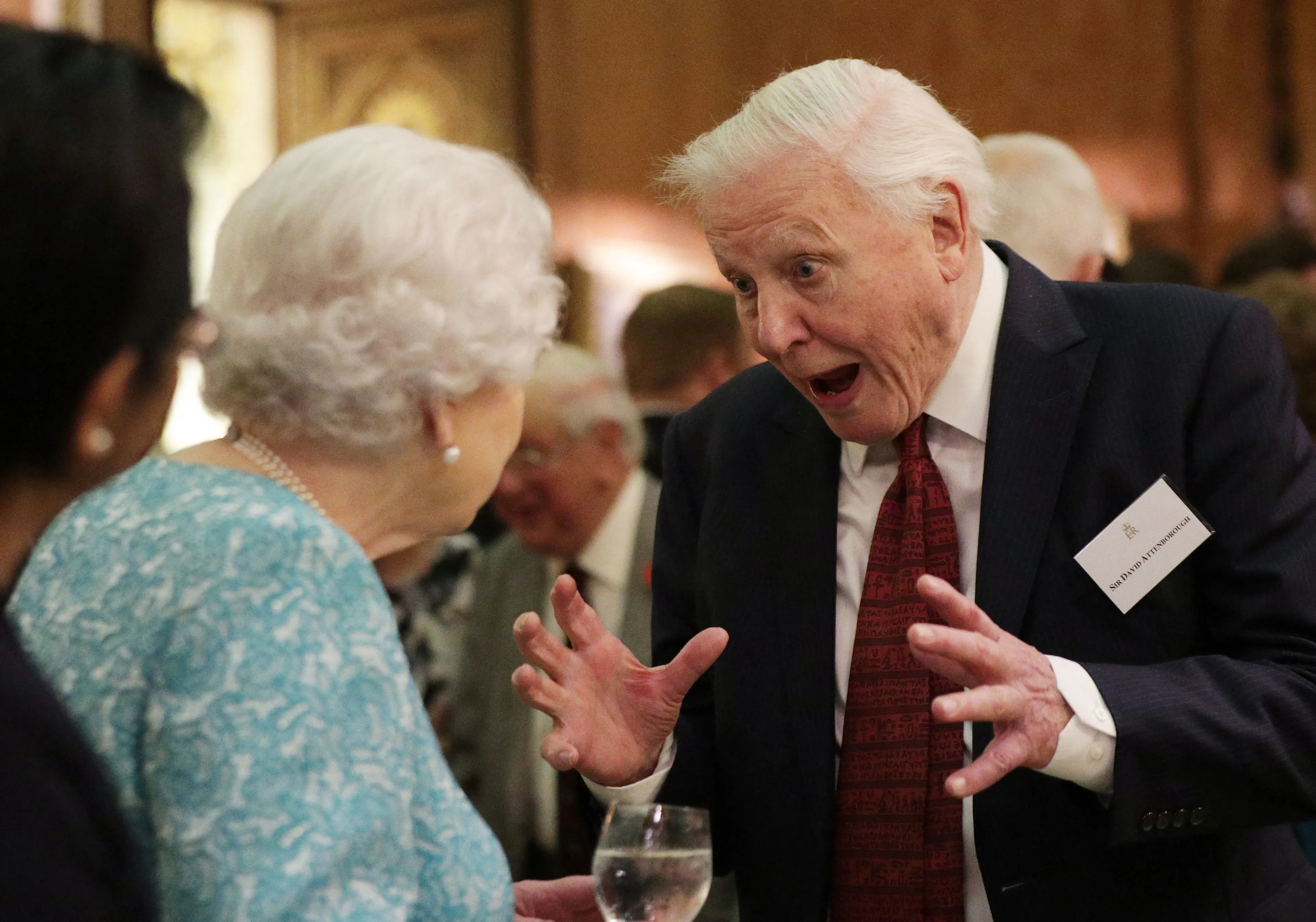 De koningin en televisiemaker in gesprek op Buckingham Palace (2016).