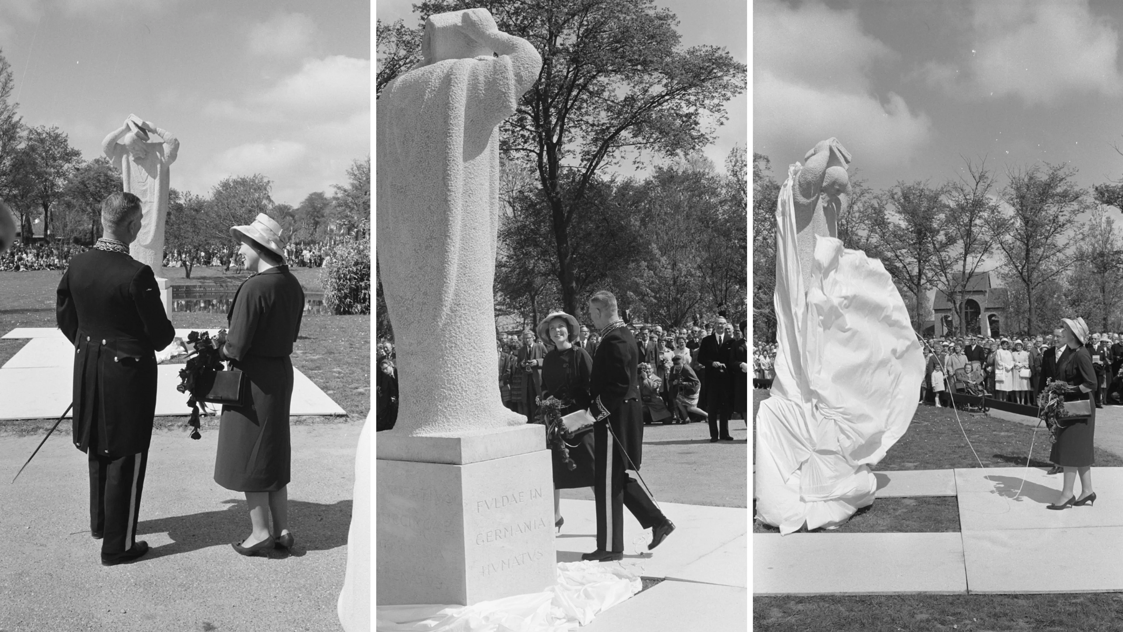 Prinses Beatrix onthult het Bonifatius monument in Dokkum (1962).
