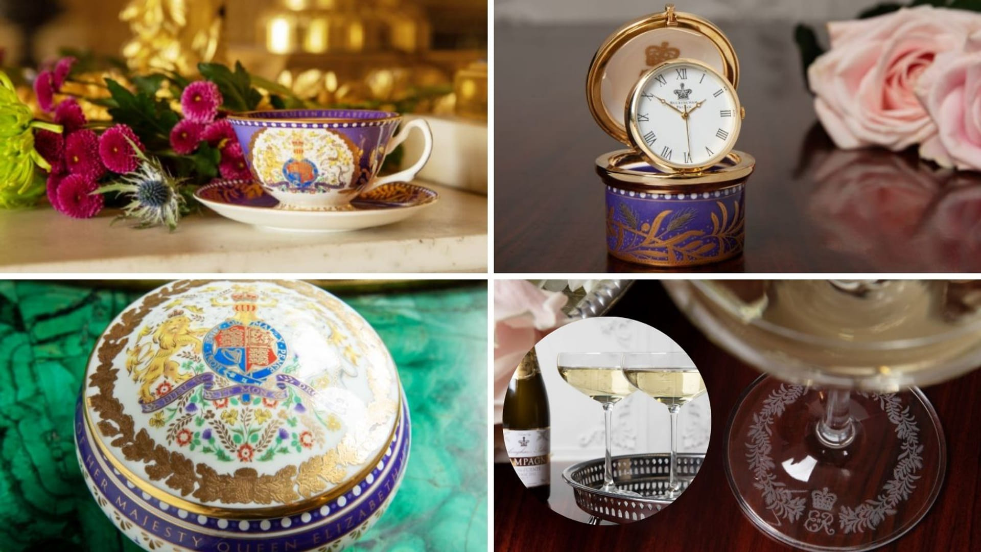 Verschillende items van de webshop zoals het pillendoosje, champagneglazen, theekopje en een horloge.