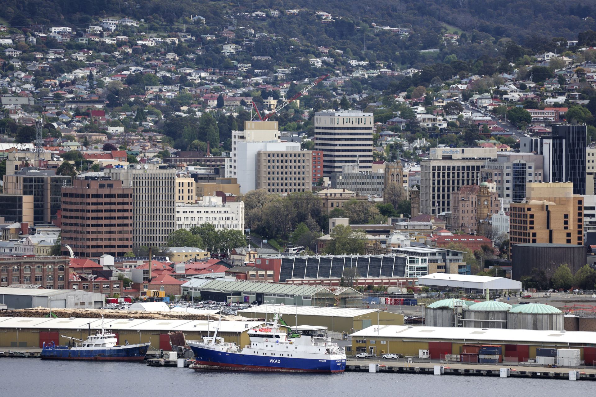 De skyline van Hobart in Australië.