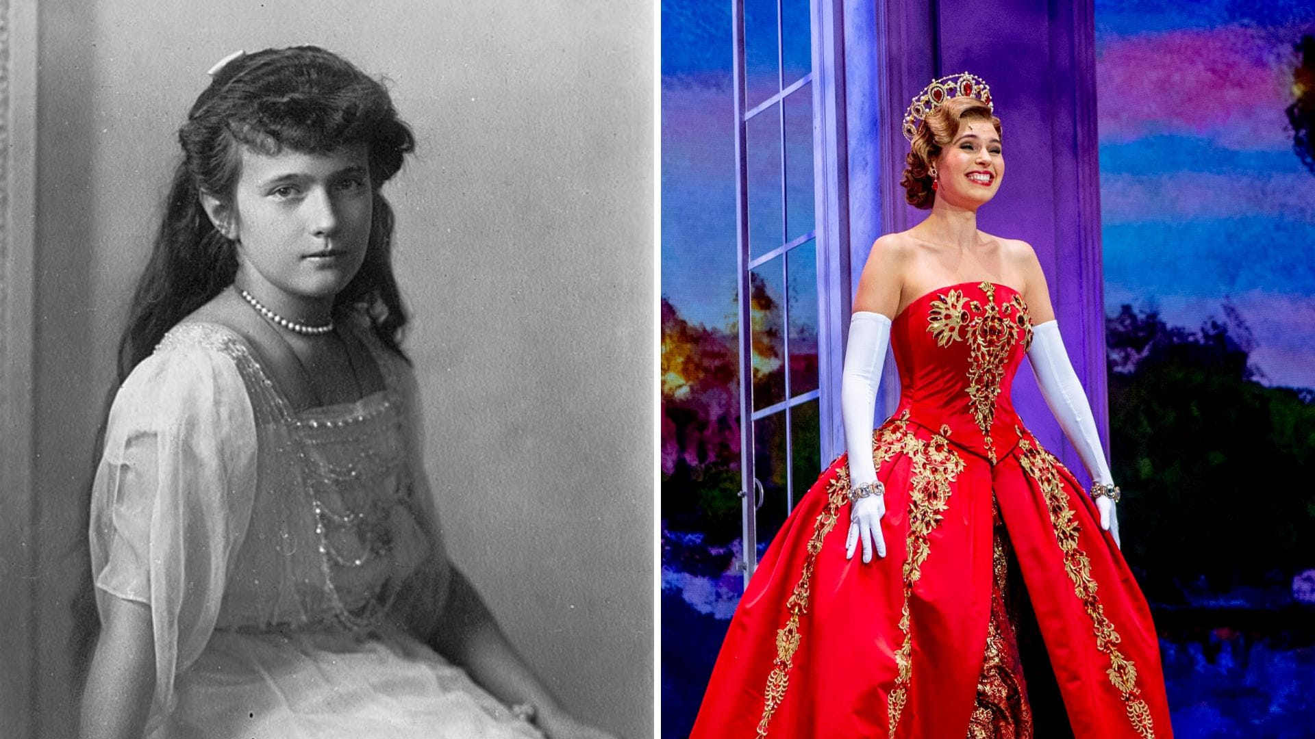 Grootvorstin Anastasia op 13 jarige leeftijd in 1914 (L) en de gelijknamige musical (R)