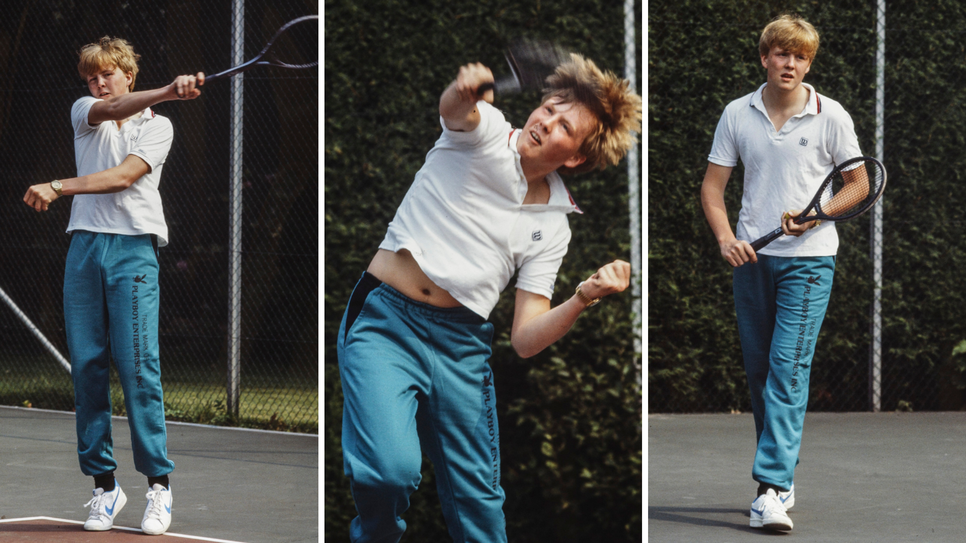 Tijdens de zomerse fotosessie van 1985 laat Willem-Alexander zich van zijn sportieve kant zien. Dat