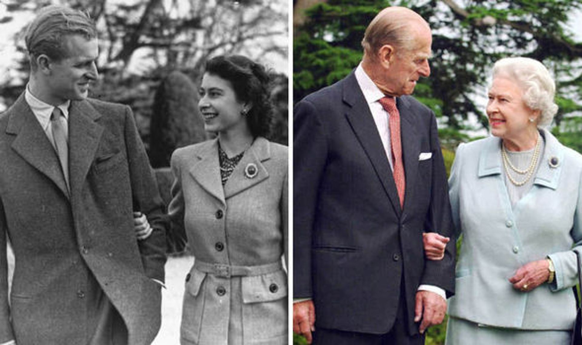 Elizabeth en Philip op hun huwelijksreis links. Rechts is 60 jaar later. Op beide foto's draagt de