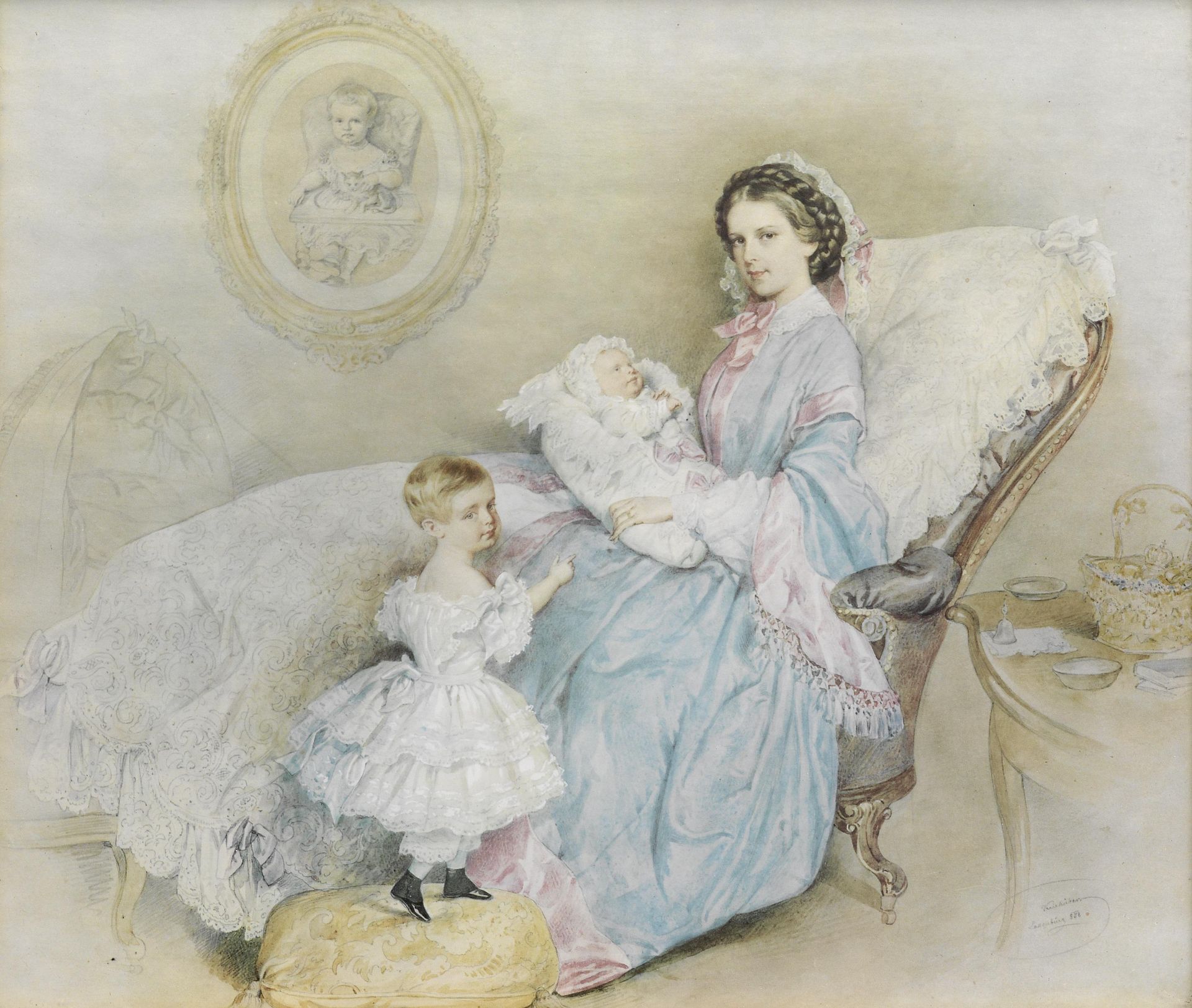 keizerin Sisi met haar kinderen in 1858. Gisela staat naast haar moeder die Rudolf vasthoudt. Op de
