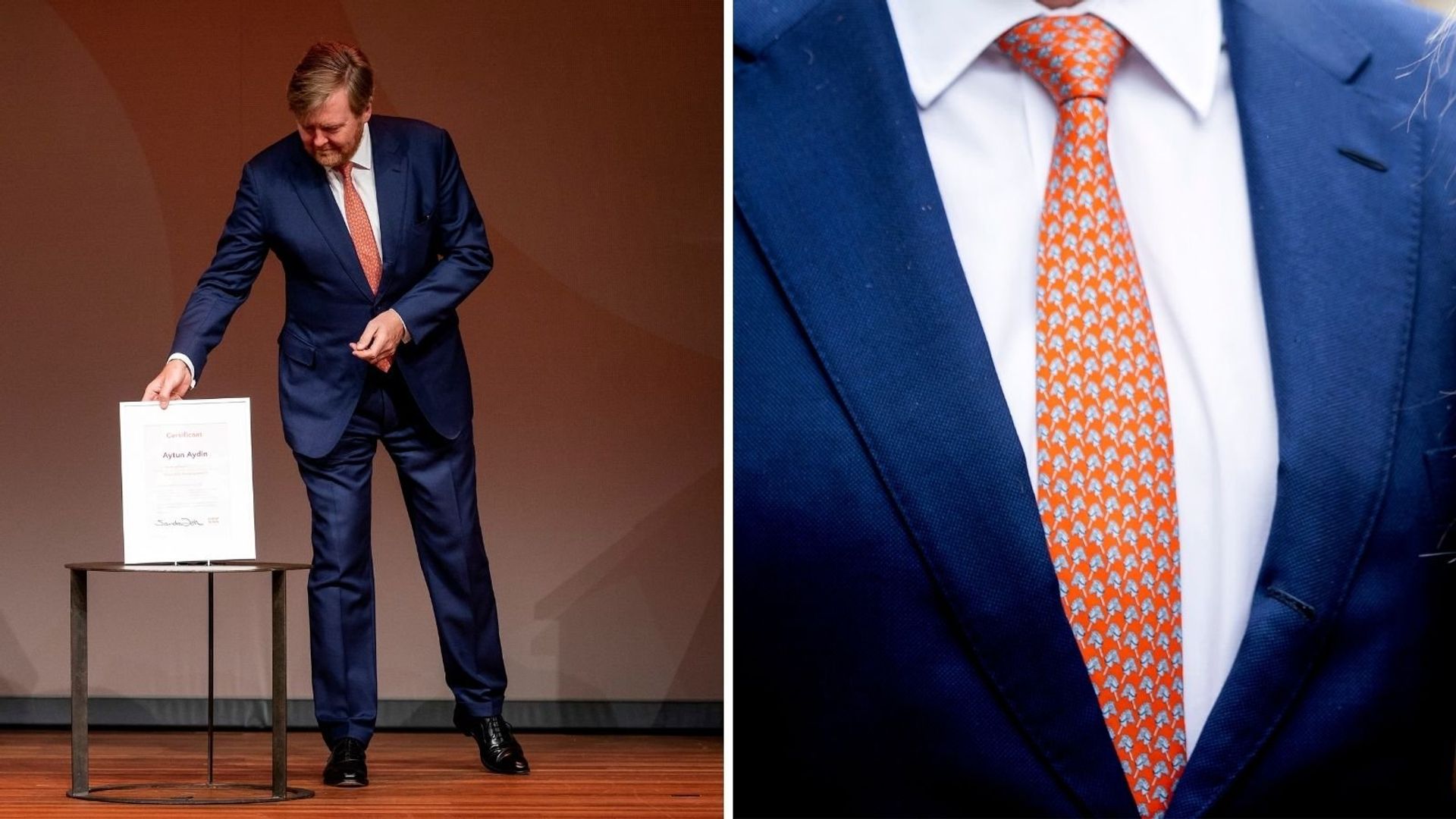 Willem-Alexander draagt tijdens een bezoek aan het Oranjefonds een das met stokpaardjes. Het Oranjefonds wil graag mensen verbinden, net als de koning. Dat is één van de koning zijn...stokpaardjes.
