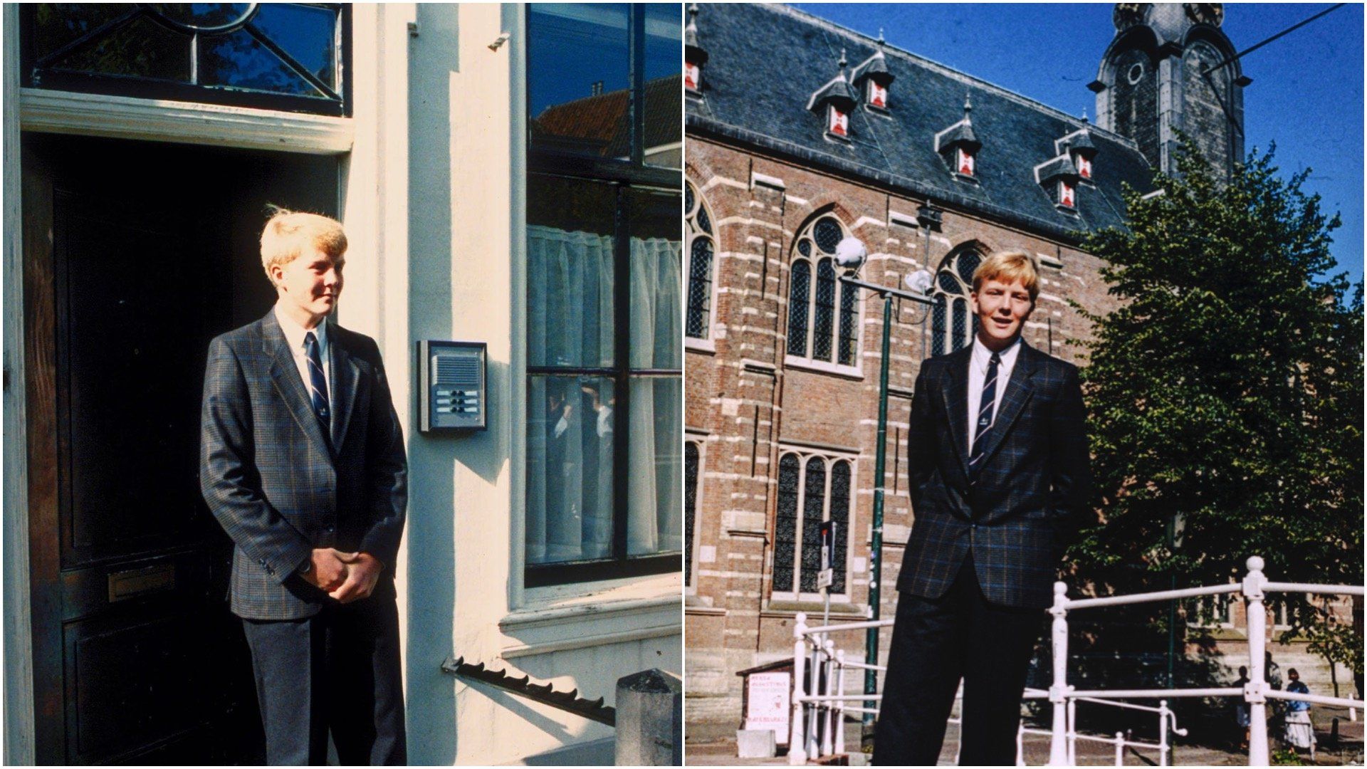 Willem-Alexander poseert in 1987 in zijn studentenstad Leiden, links voor zijn nieuwe huis en rechts