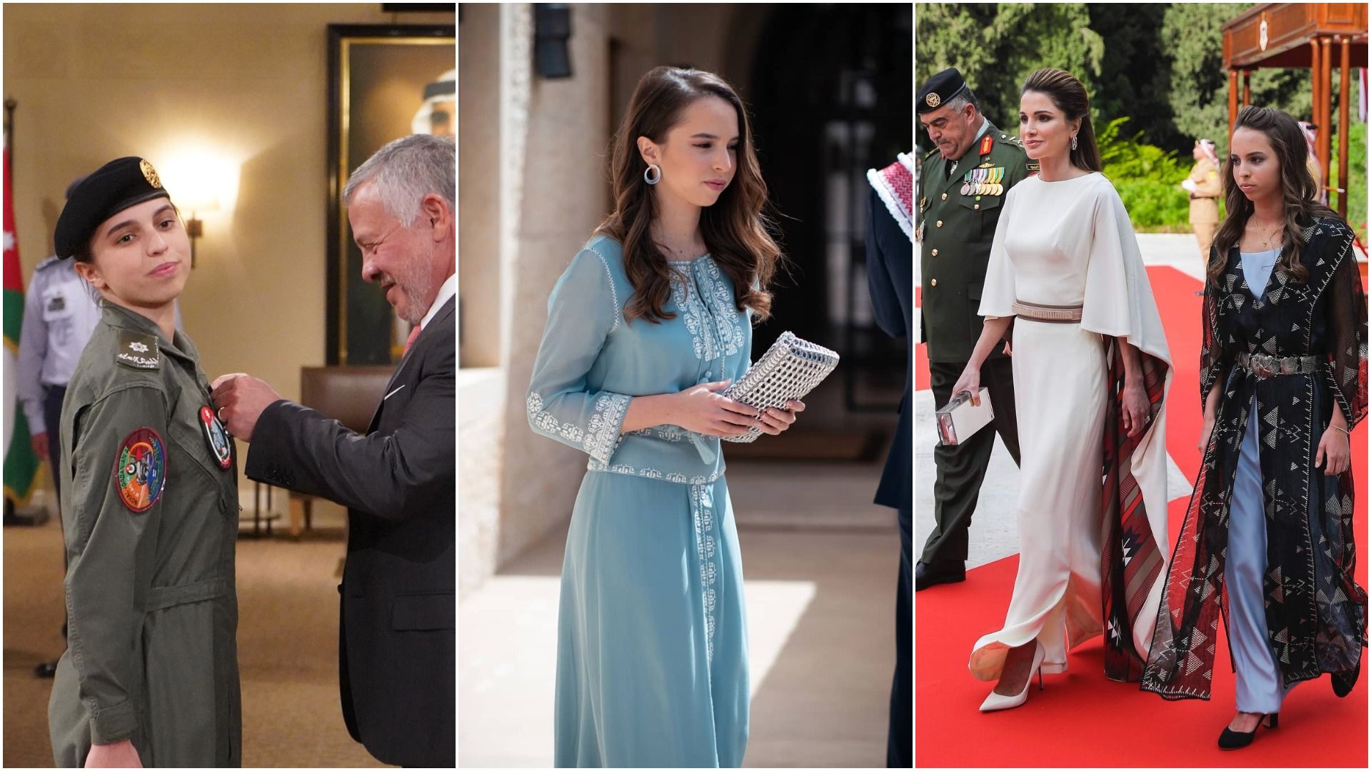 Op de foto links ontvangt prinses Salma haar 'vleugels' voor de luchtmacht van haar vader, koning