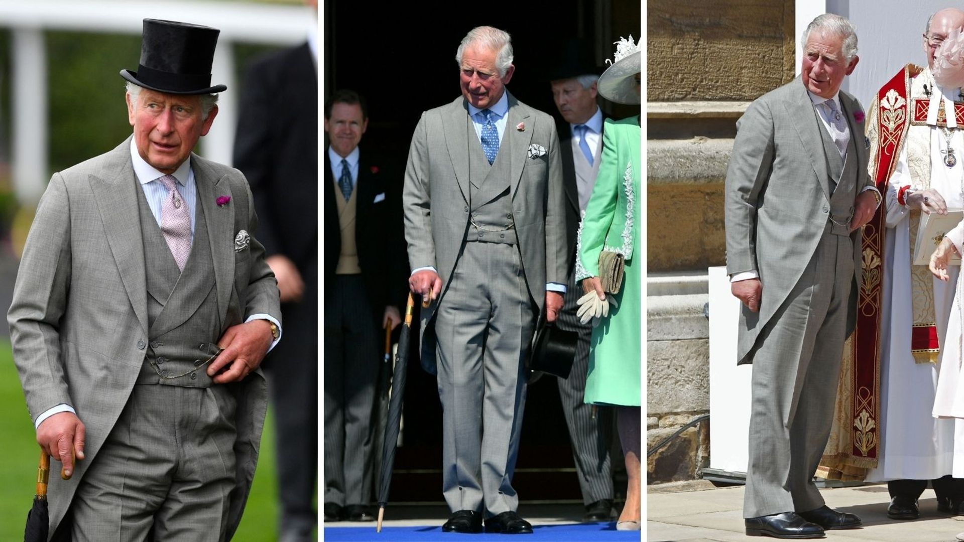 De morning suit van Charles (vlnr) op de Royal Ascot, een tuinfeest op Buckingham Palace en de bruiloft van Harry en Meghan.