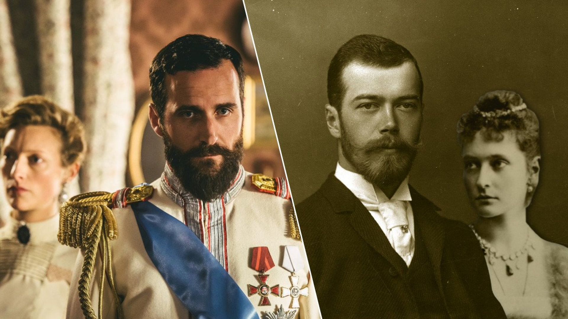 Tsaar Nicholas II en zijn vrouw Alexandra uit Netflix (L) en het archief (R)