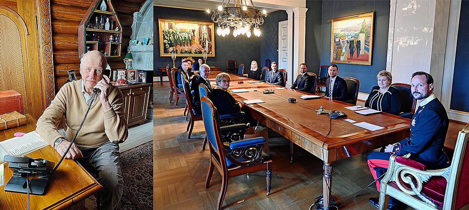 De koning is ten tijde van corona via de telefoon aanwezig bij de Raad van State. De foto links in