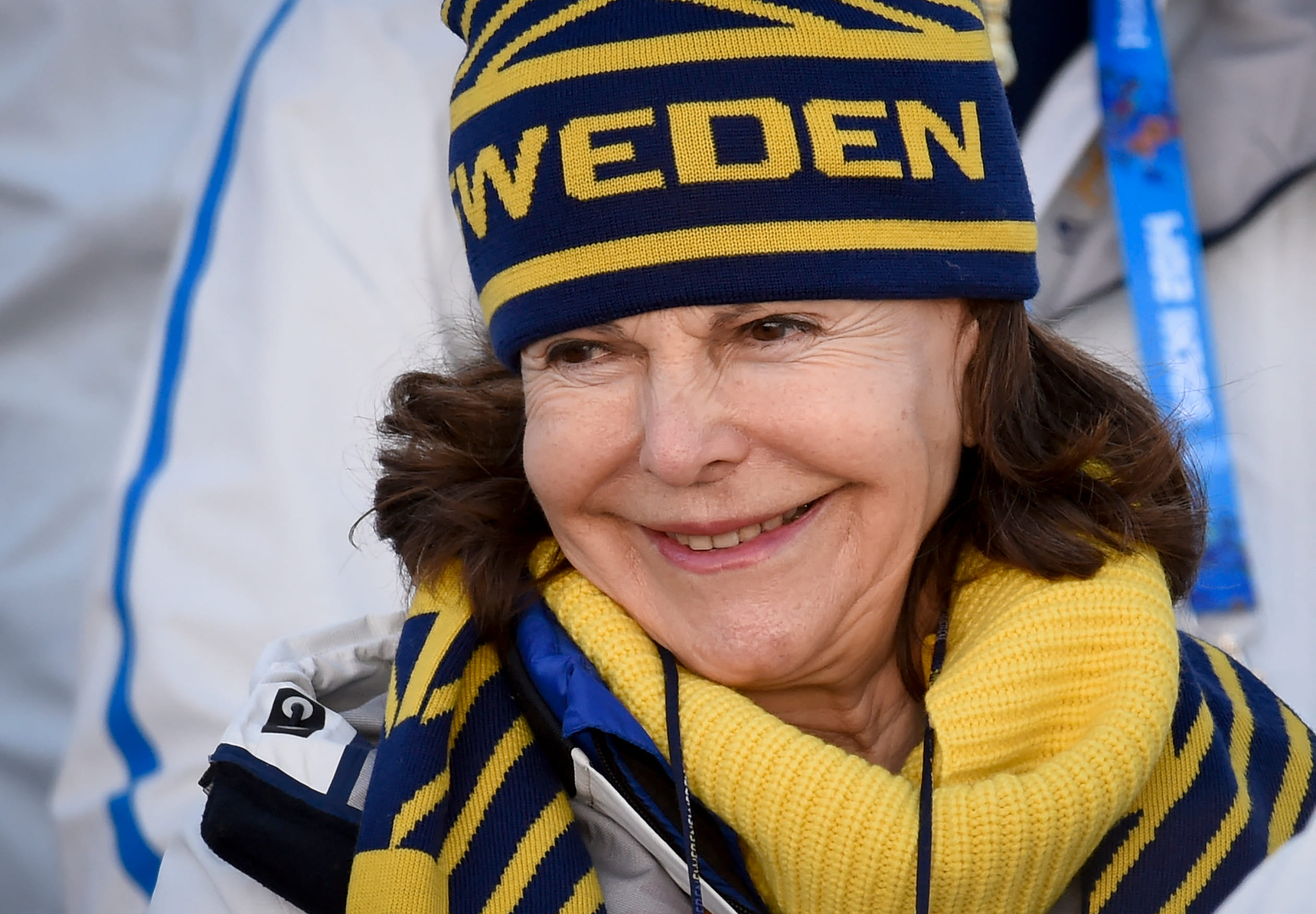 Koningin Silvia tijdens de Olympische Winterspelen in Sochi, februari 2014.