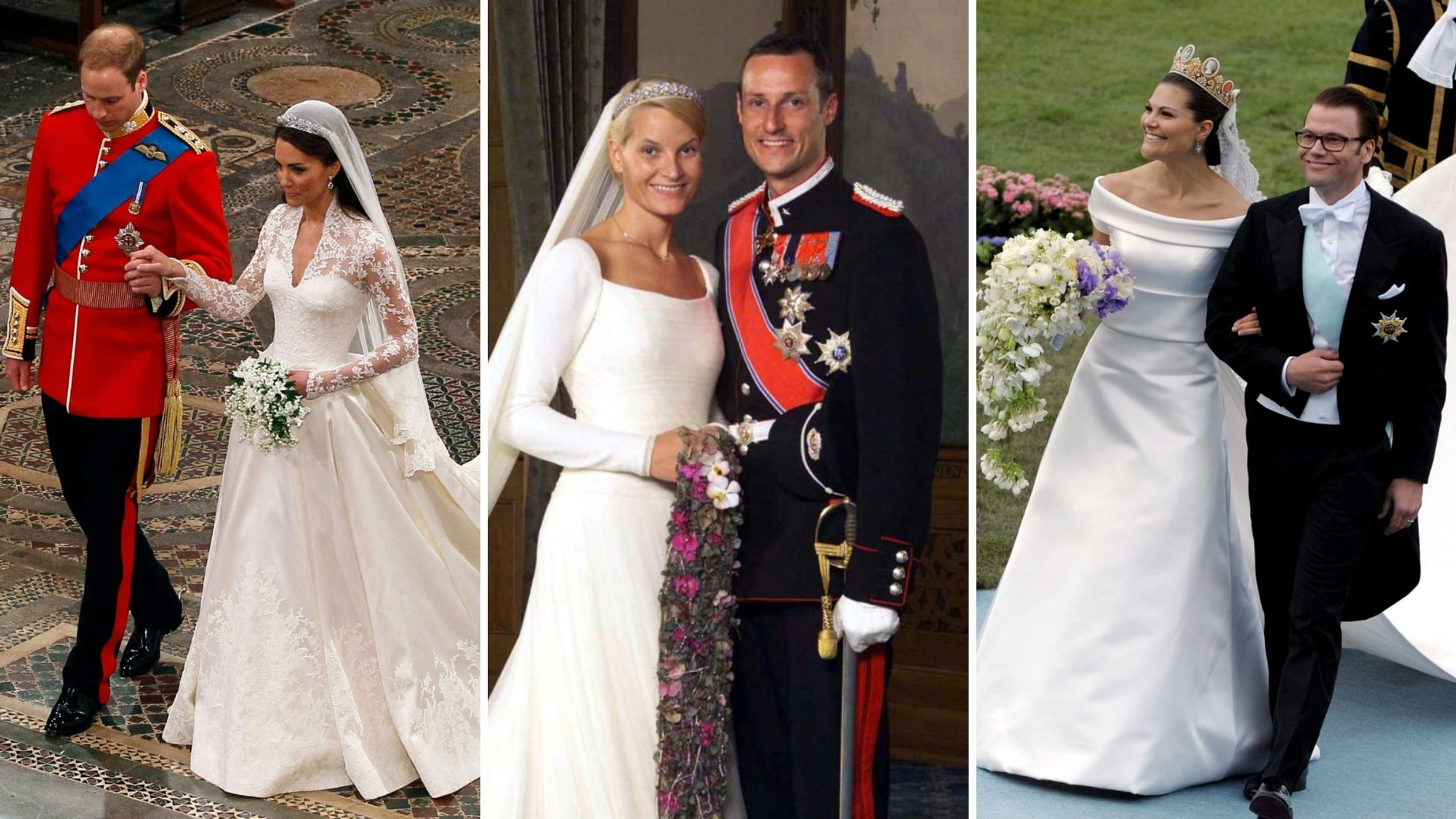 Van links tot rechts: prins William en Catherine op hun huwelijk in 2011, kroonprins Haakon met zijn