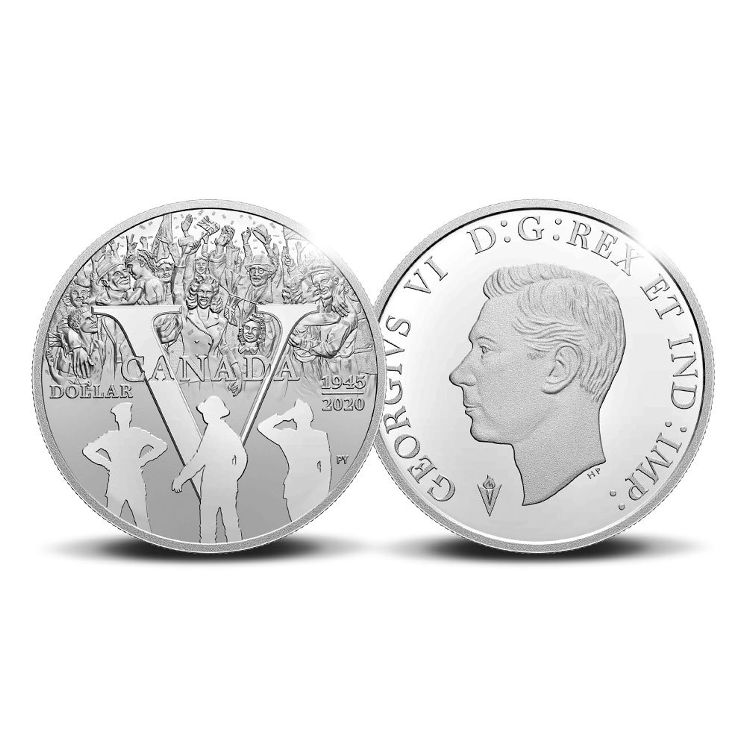 De Canadese munt voor 75 jaar vrijheid. Koning George VI staat op deze munt.