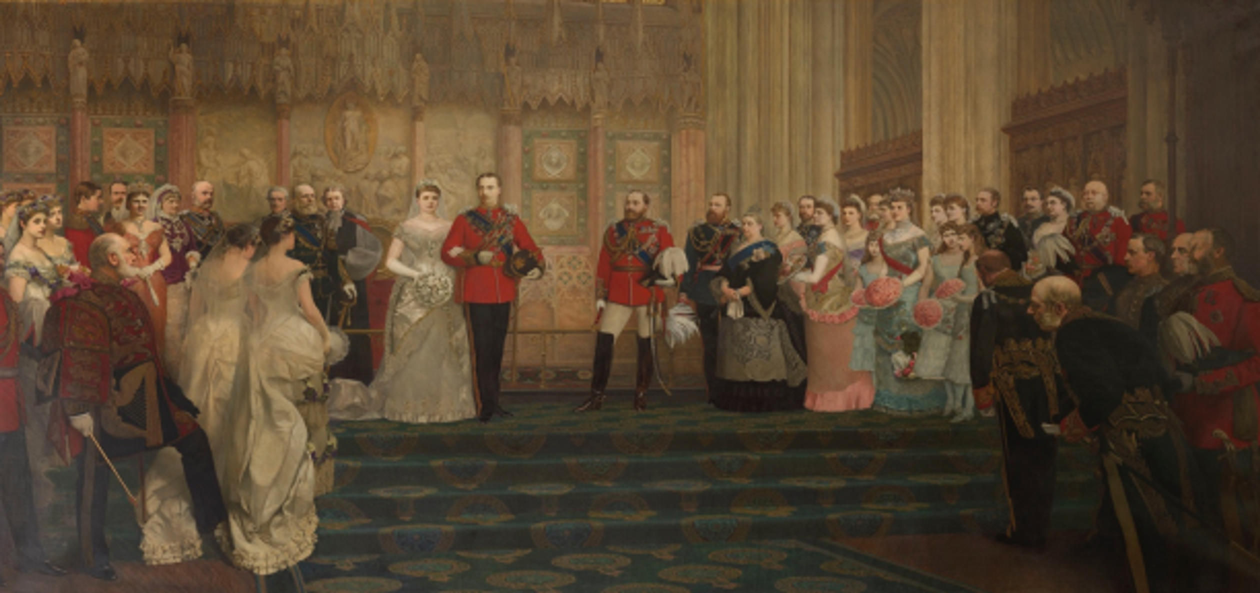 Het huwelijk van Helena van Waldeck-Pyrmont met prins Leopold met links Emma, 1885.