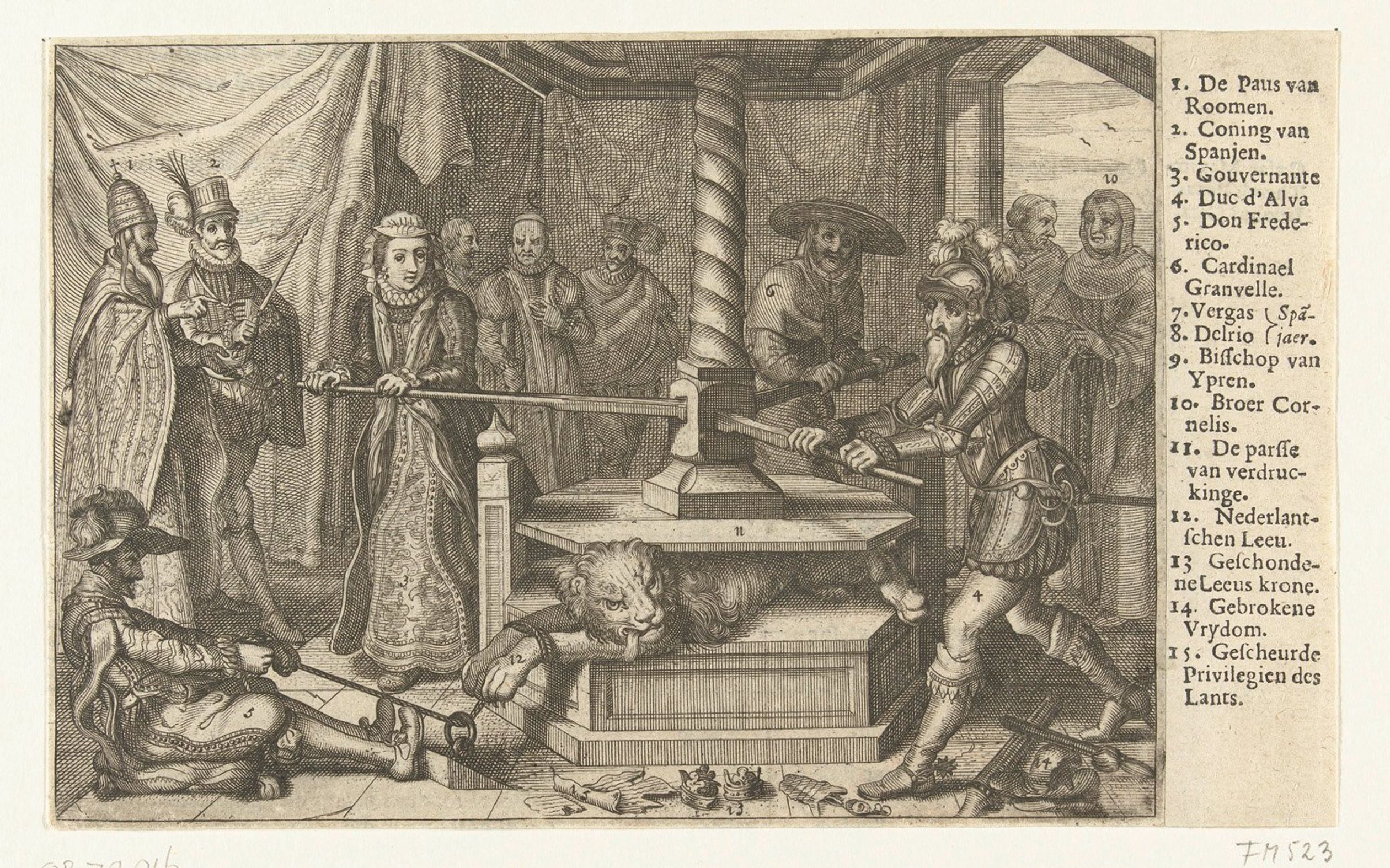 Margaretha van Parma en de hertog van Alva onderdrukken de Nederlandse leeuw, c.1567.