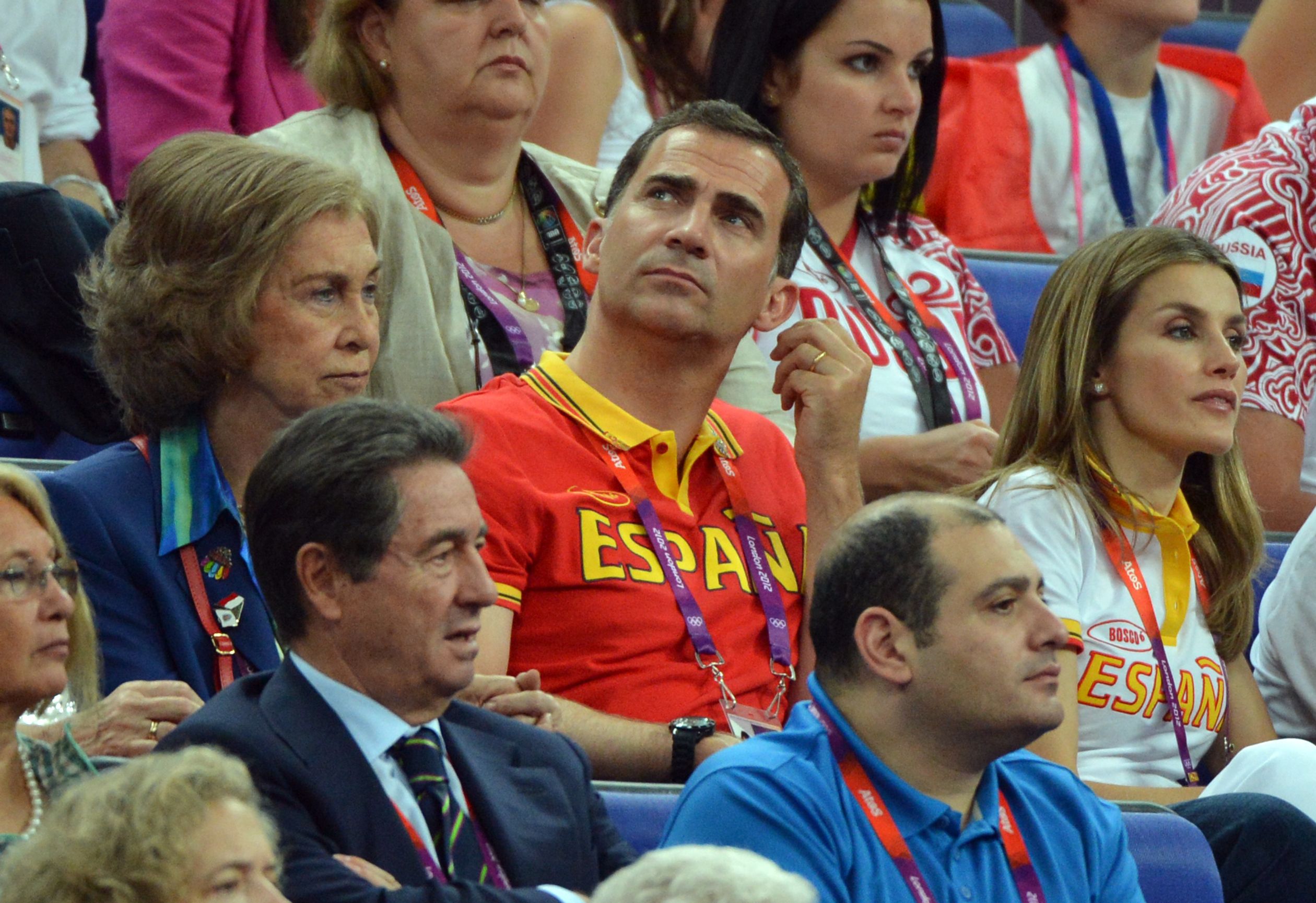 Sofia met haar zoon Felipe en zijn vrouw Letizia gaan naar de Olympische Spelen in Londen, 2012.