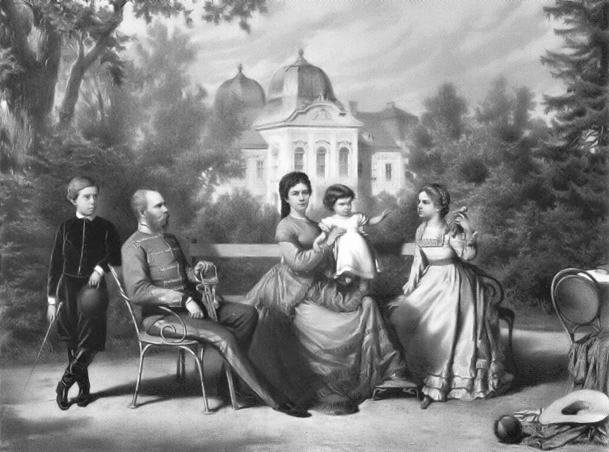 Lithografie van de keizerlijke familie in het Gödöllő-paleis (Hongarije) uit 1871. Van links naar