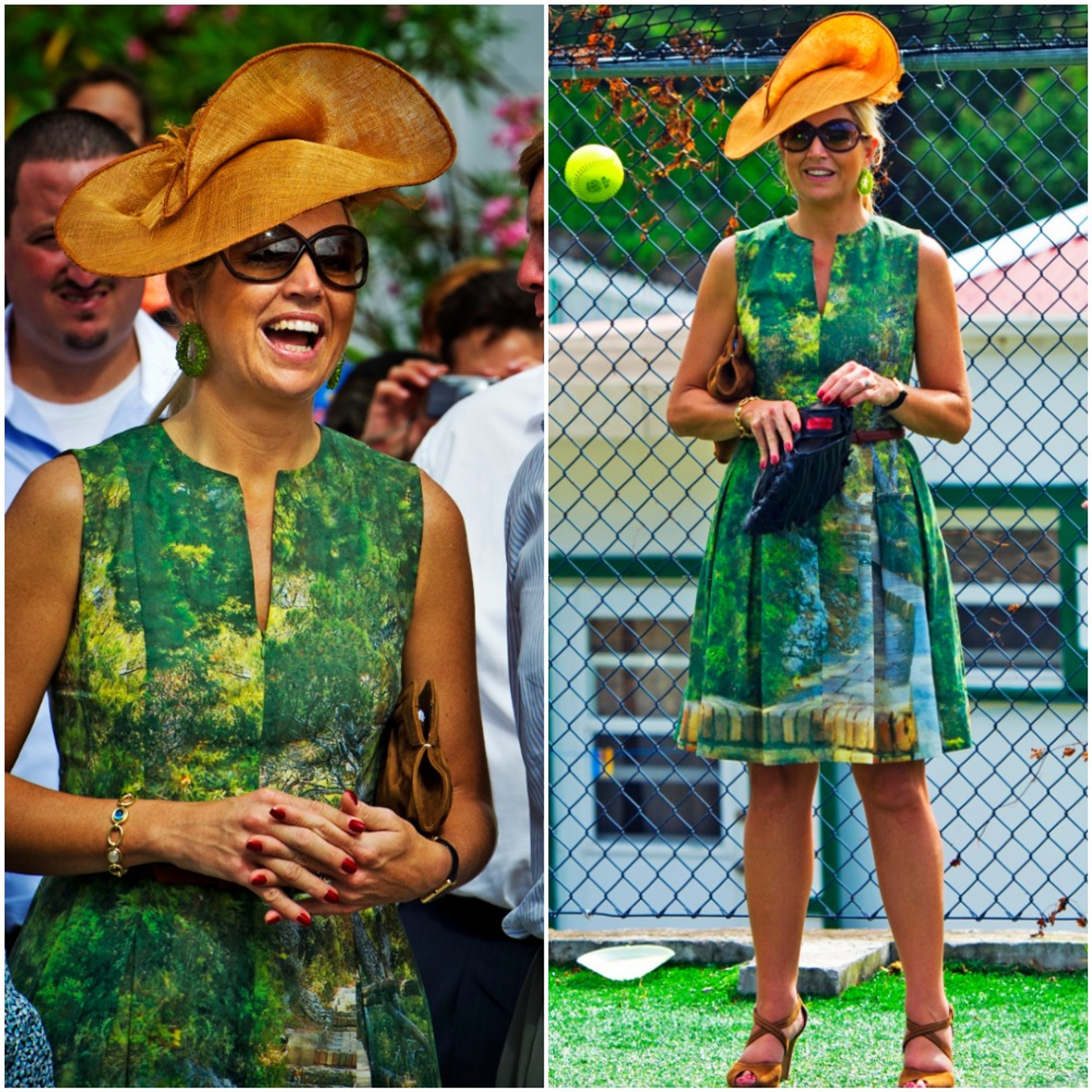 Bij een bezoek aan Saba in 2011 draagt Máxima deze groene jurk met een bijzondere print van het