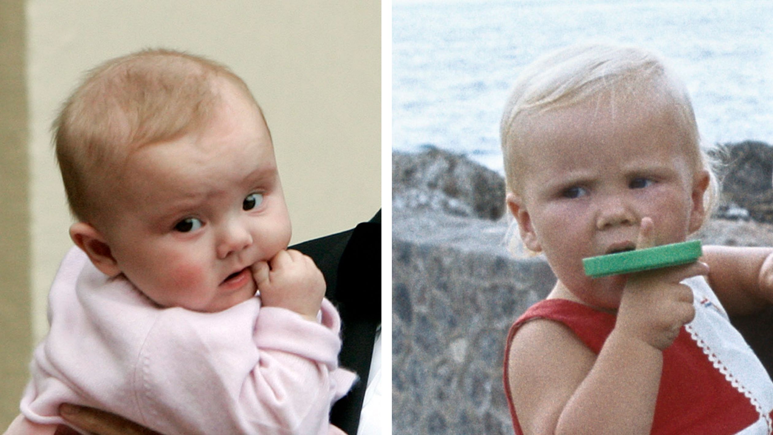 Links Ariane als baby en rechts haar vader, Willem-Alexander.