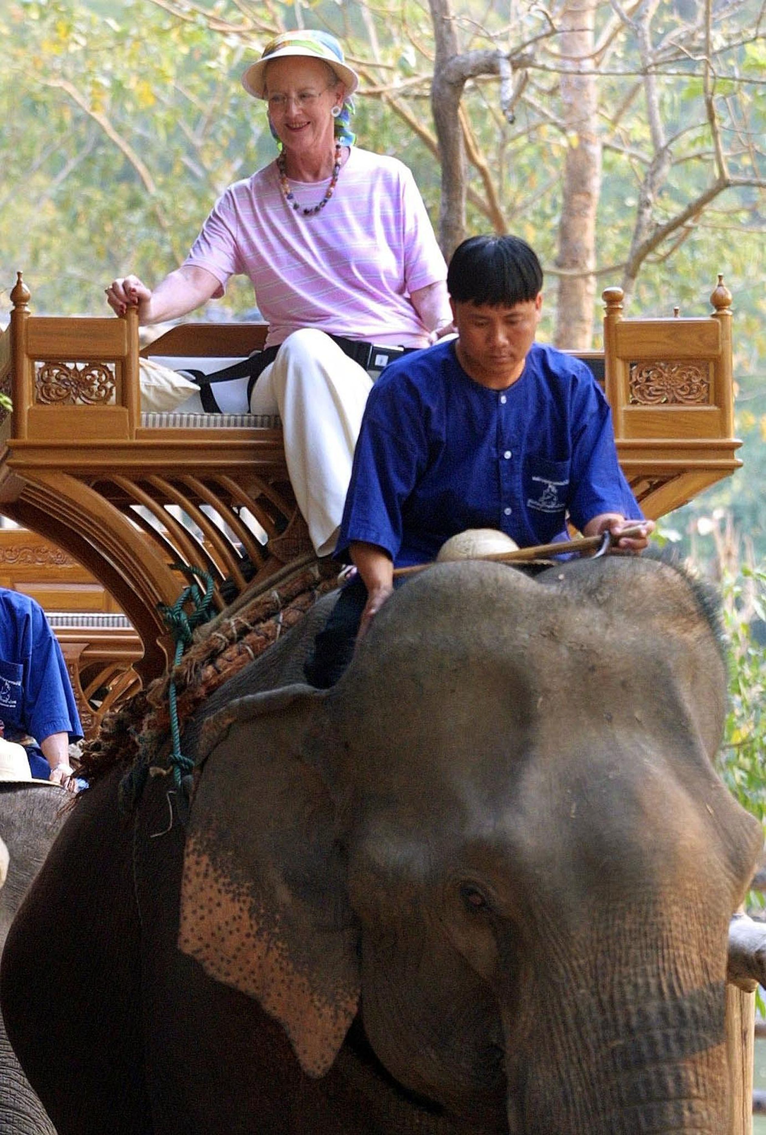 In 2001 brengt koningin Margrethe een bezoek aan Thailand. Een ritje op een olifant kon blijkbaar