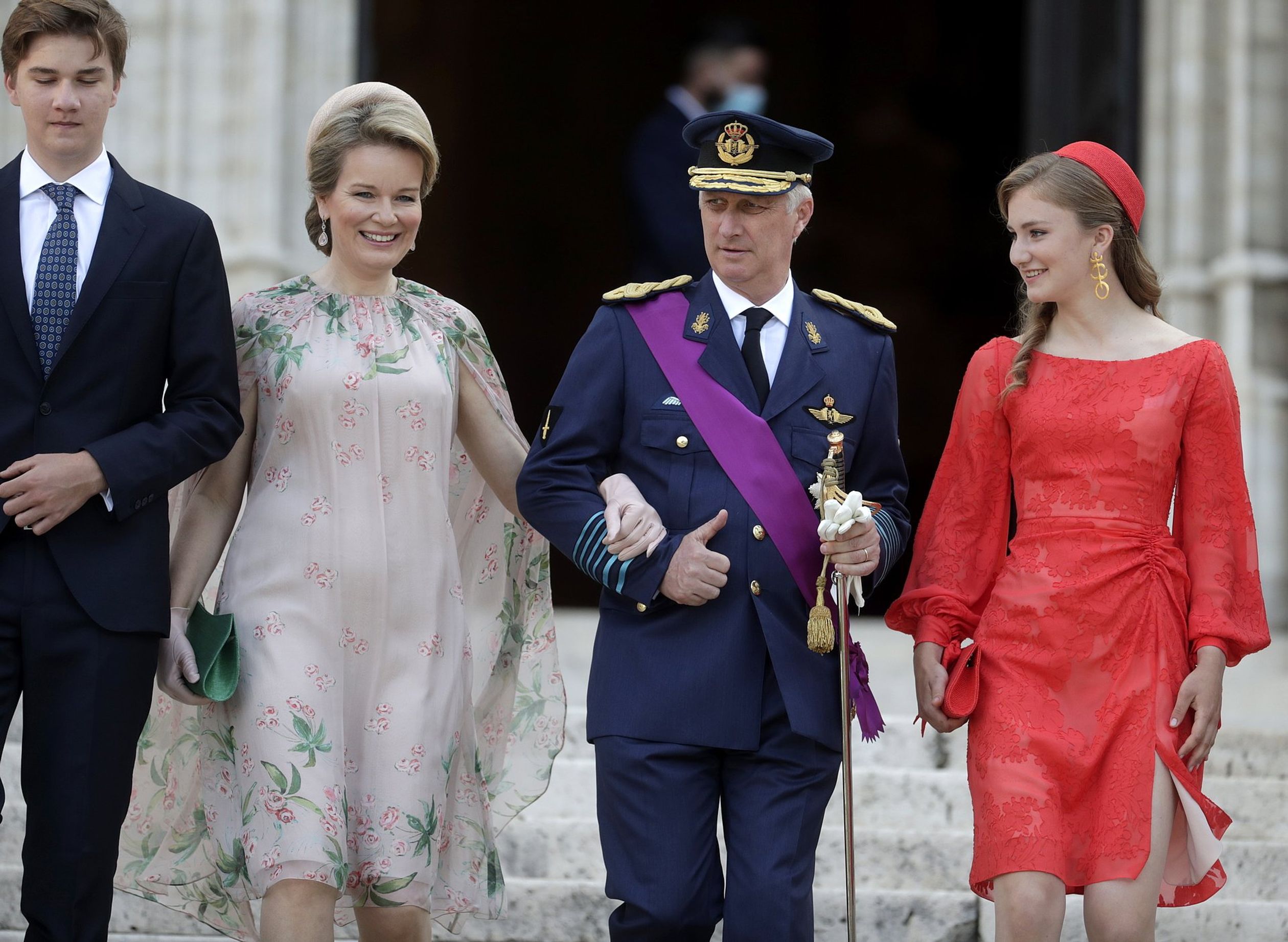 21 juli 2021: Prins Gabriël, koningin Mathilde, koning Filip en prinses Elisabeth verlaten de