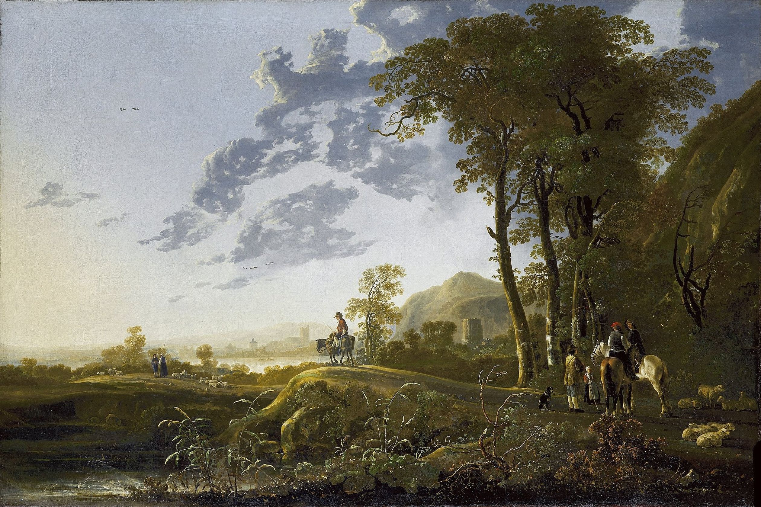 Landschap met herder en reizigers bij avondlicht (1667)