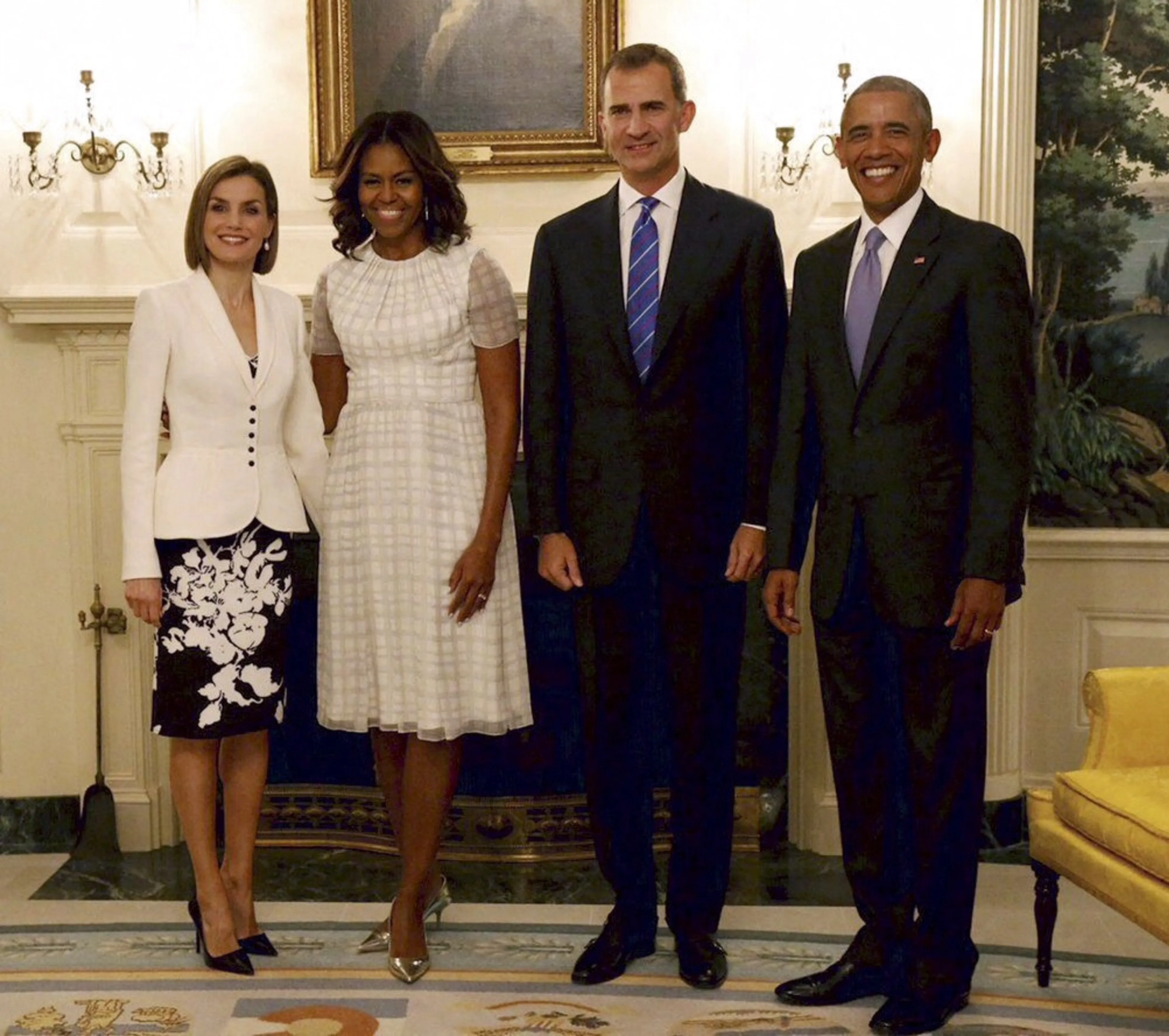 Koning Felipe en koningin Letizia bij Barack en Michelle Obama in het Witte Huis (2015).