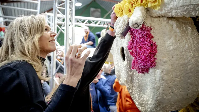 Koningin Máxima helpt mee aan de opbouw van een bloemencorso.