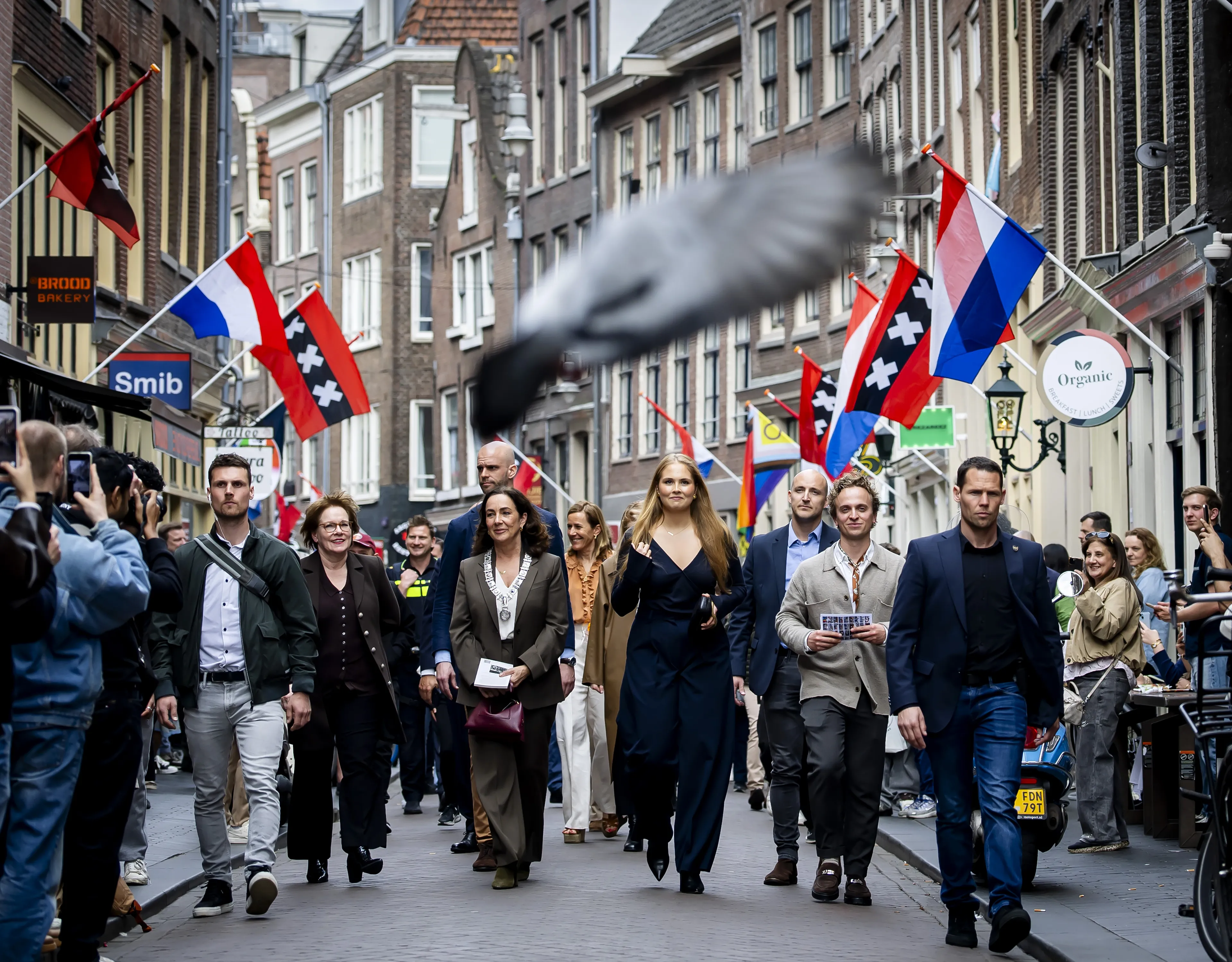 De vlaggen hangen uit voor het koninklijke bezoek.